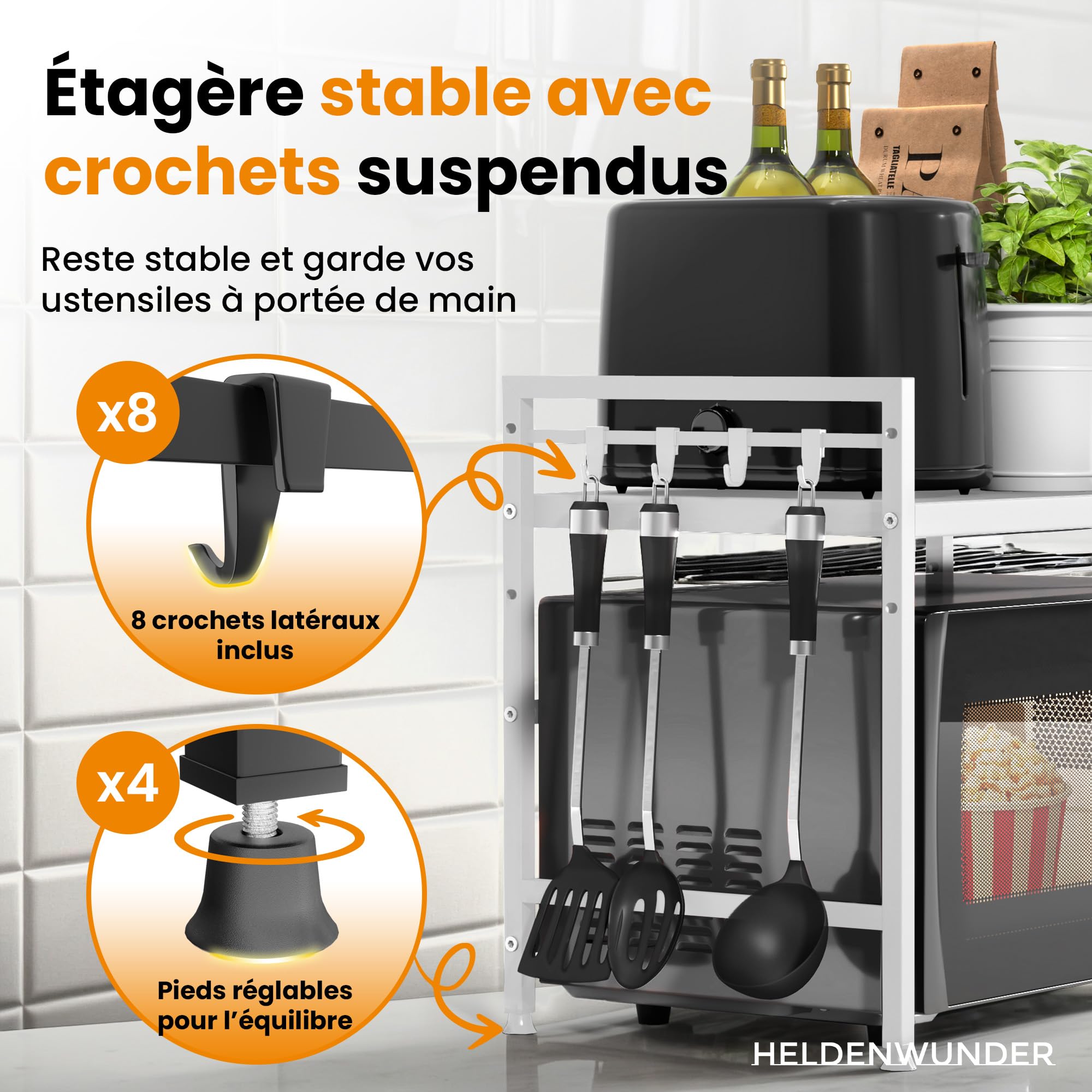 Heldenwunder Étagère Micro-Ondes 2 Niveaux Acier Ajustable – Support Four Cuisine Avec Crochets Noir