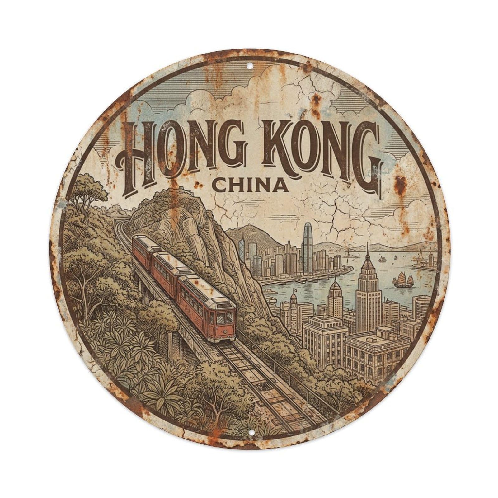 Vintage Travel Hong Kong China Peak Metal Tin Sign