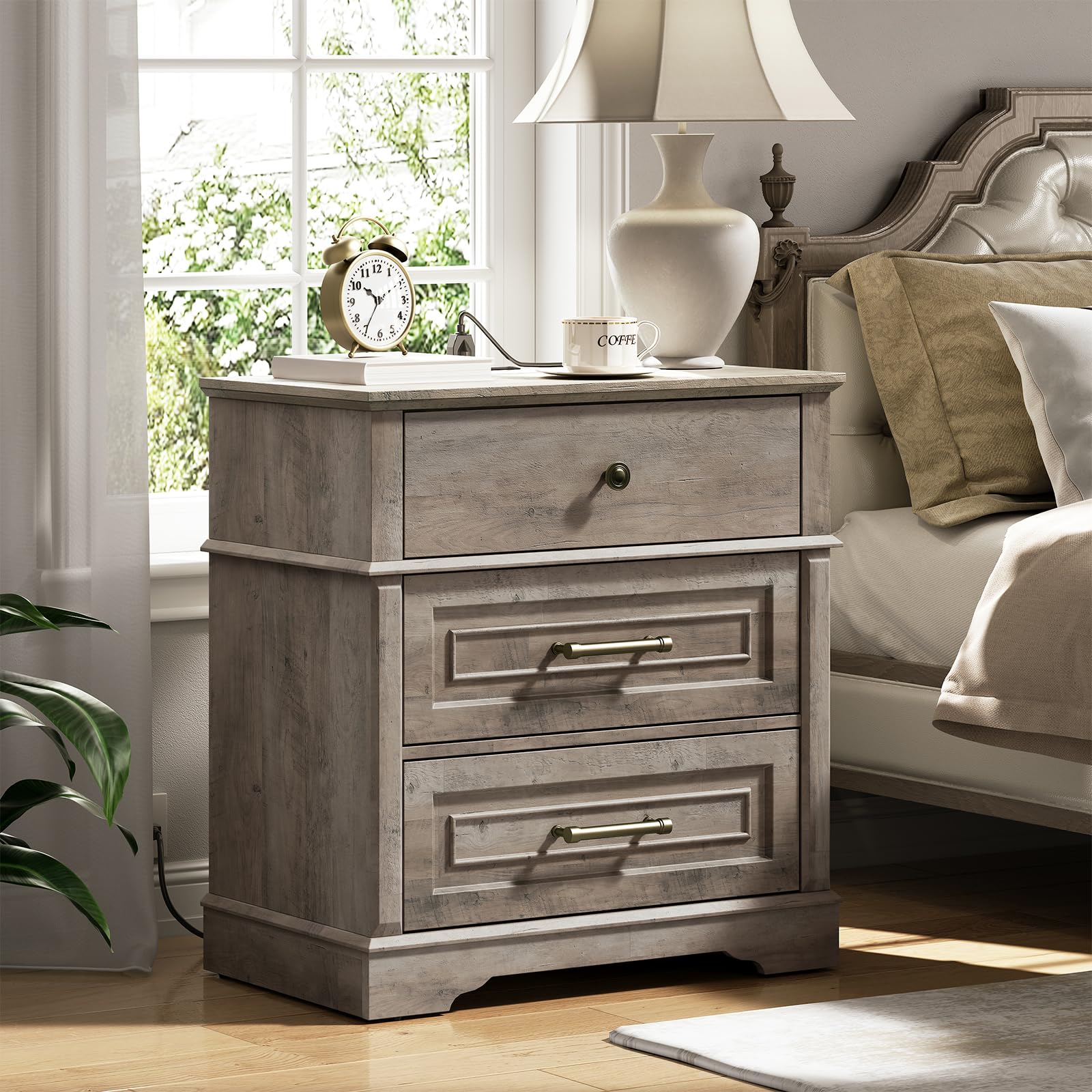 RALGEND 3 Drawer Tall Nightstand with Charging Station, Farmhouse Bedside Table, Wide End Table for Bedroom Living Room, End Tables with Charging
