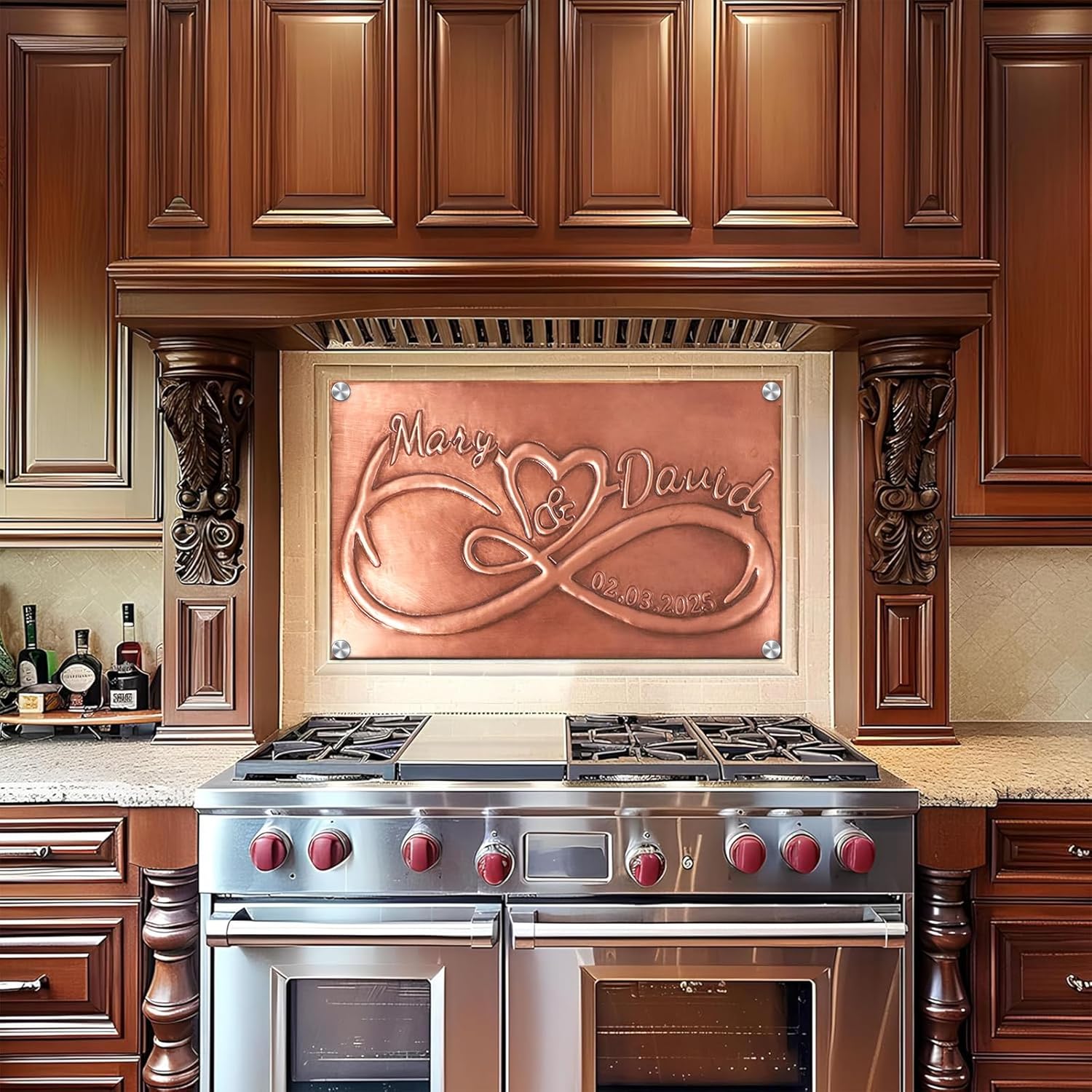 Custom Copper Backsplash for Kitchen, Personalized Names & Date Infinity Heart Metal Wall Art, Handcrafted Stove Back Splash Decor, Wedding Anniversary for Couple