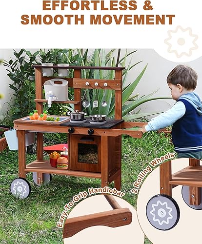 Miniatura 7 de ROBUD Cocina de barro para niños al aire libre con ruedas, cocina de madera al aire libre, cocina de barro para niños con fregadero y grifo