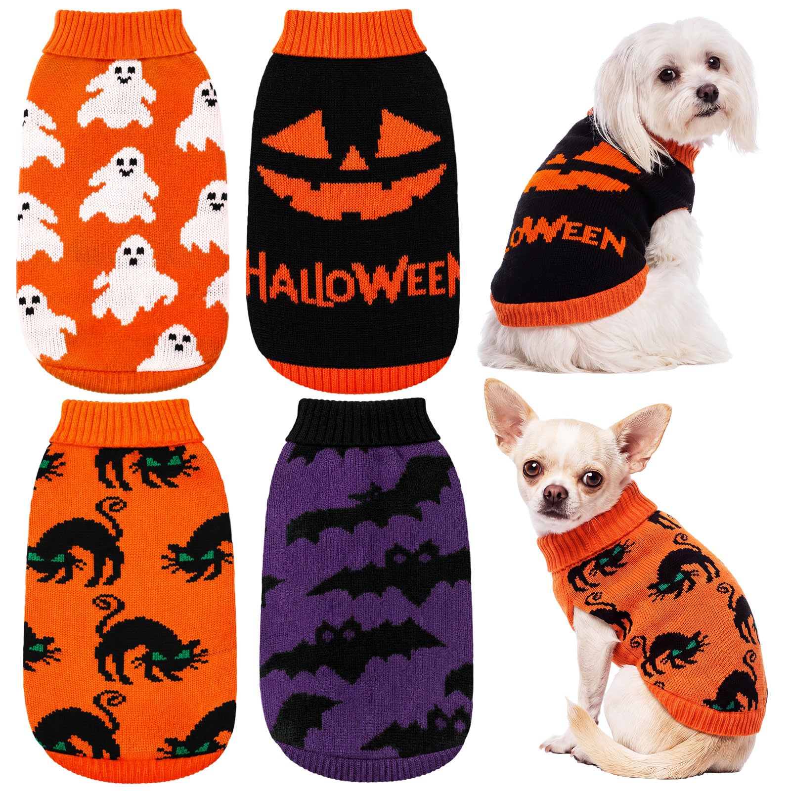 Lot de 4 pulls pour chien Halloween citrouille avec trou pour | Ensemble de vêtements d'hiver doux et extensibles pour chihuahua, yorkshire, petites races, vêtements d'hiver chauds avec