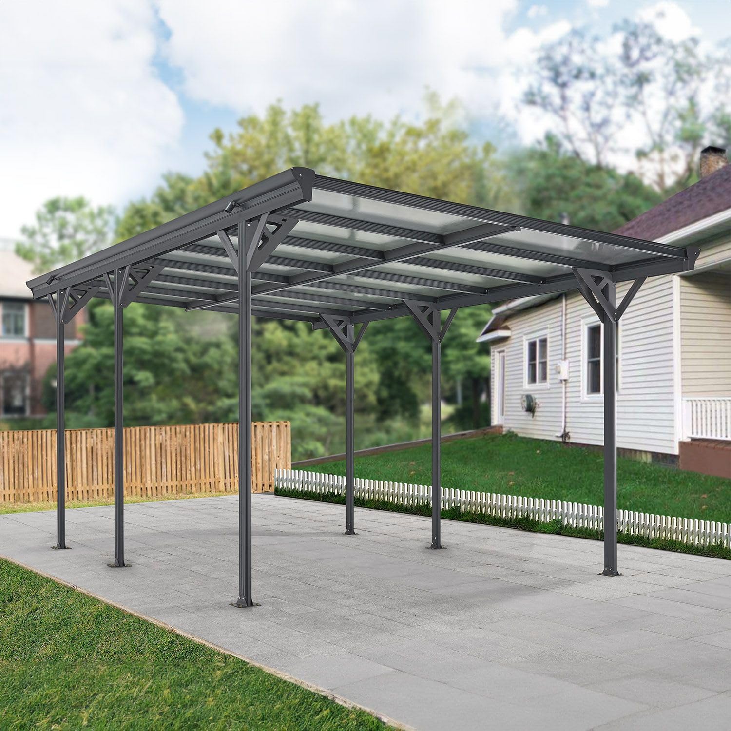 Juskys Carport mit Flachdach 5x3 m - Überdachung aus Aluminium mit Doppelstegplatten - Unterstand für Autos - freistehende Montage - Dunkelgrau