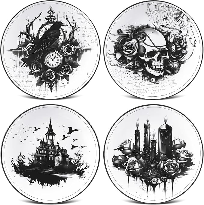 Vesici 4 Pcs 9in Halloween Gothic Plates Ceramic Halloween Dinnerware Set
