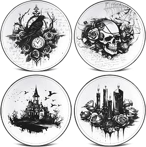 Vesici Set of 4 Gothic Halloween Ceramic Plates, 9-Inch