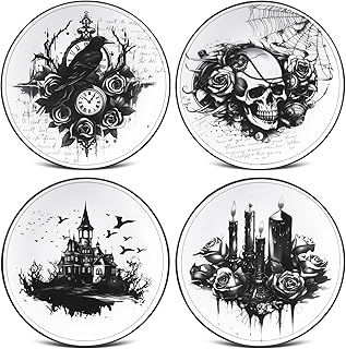 Vesici 4 Pieces Halloween Gothic Dinnerware Halloween Pattern Ceramic Plates Gothic Dinnerware Set Skull Dinner Plates Kitchen Decoration Spooky Gift for Home Decorative