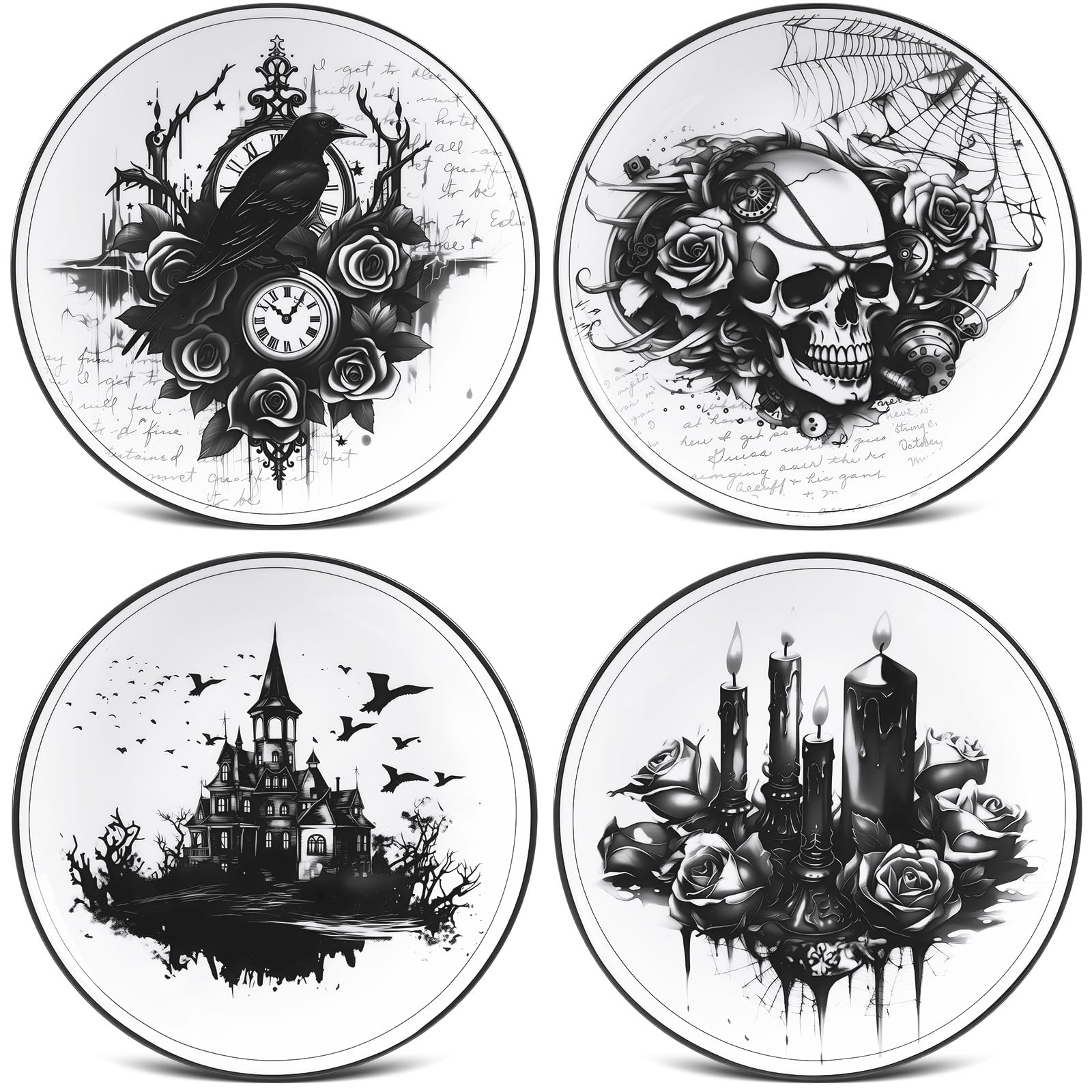 Vesici 4 Stück Halloween Gothic Geschirr Halloween Muster Keramik Teller Gothic Geschirr Set Schädel Speiseteller Küche Dekoration Gruseliges Geschenk für Zuhause Deko