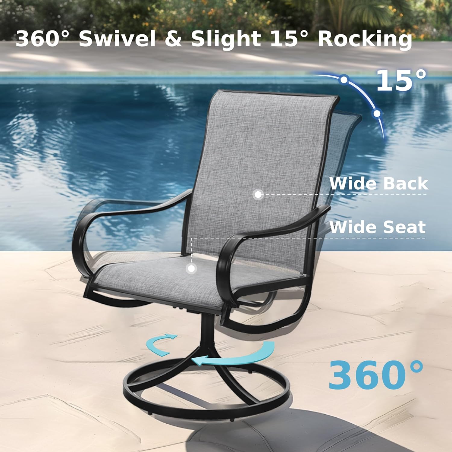MFSTUDIO Outdoor Swivel Patio Dining Chairs Set of 4, High Back Breathable Textilene Patio Chairs for Balcony, Backyard, Deck, Garden (Light Grey Fabric, Black Frame)