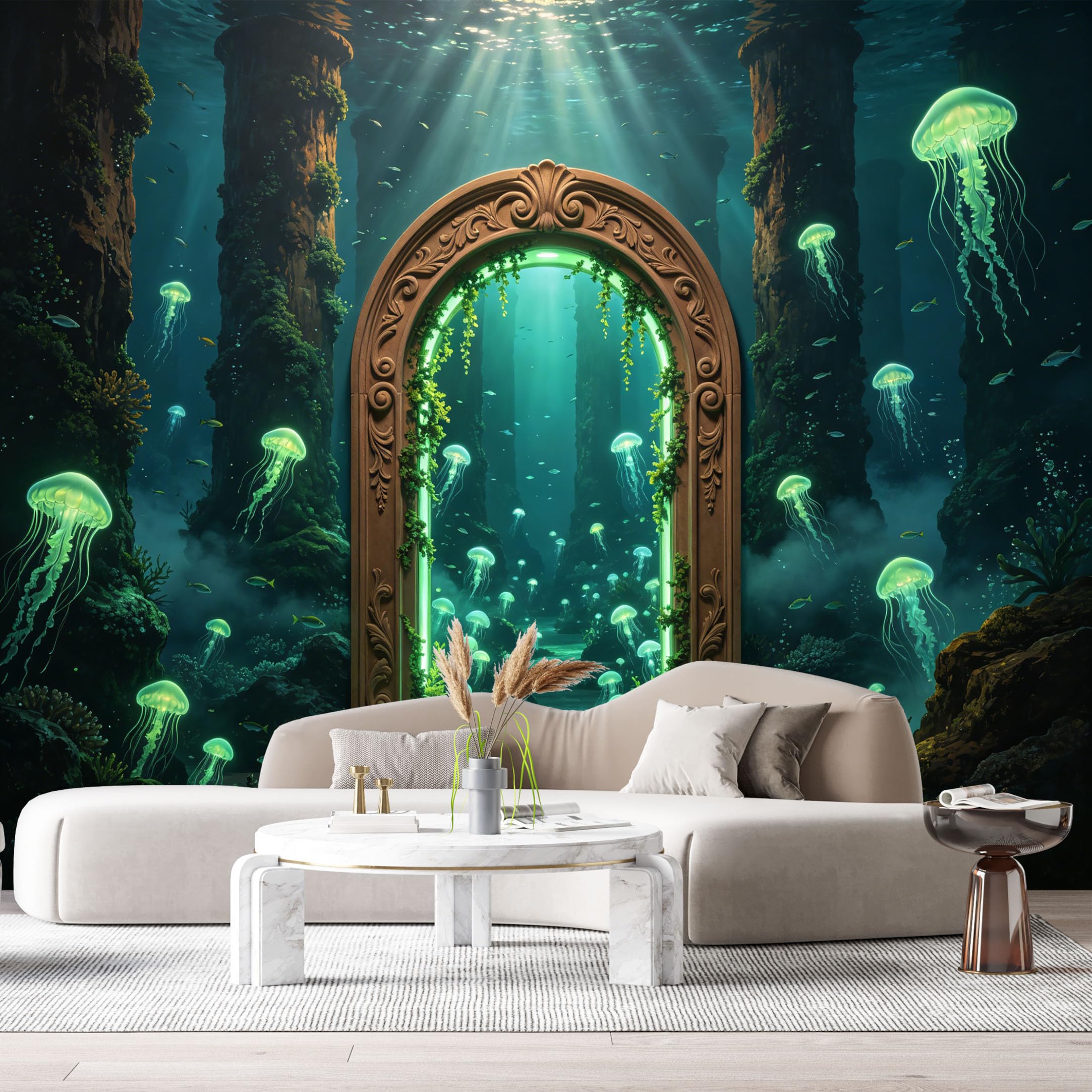 Custom Size Wall Murals Ocean/Marine Fantasy Archway Glowing Jellyfish 3D Trompe L'Oeil SelfAdhesiveWall Fabric Removable Wallpaper Wall Decor for Living Room Bedroom Bathroom