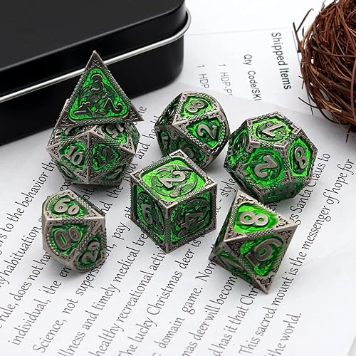 Miniatura 7 de PJOY Juego de dados de metal DND con diseño de dragón de cobre antiguo que respira fuego dados poliédricos DD con funda de dados para juegos de rol