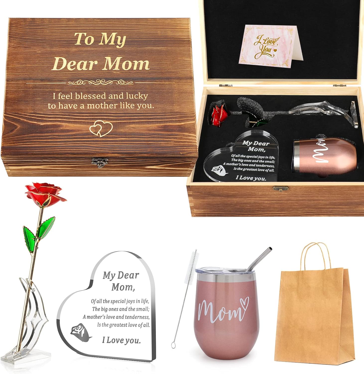 Gifts for Mom, Mom Gifts Set with Crystal Engraved Heart, 24K Gold Dipped Rose, 12oz Insulated Wine Tumbler, Birthday Gifts for Mom from Daughter Son To Mom
