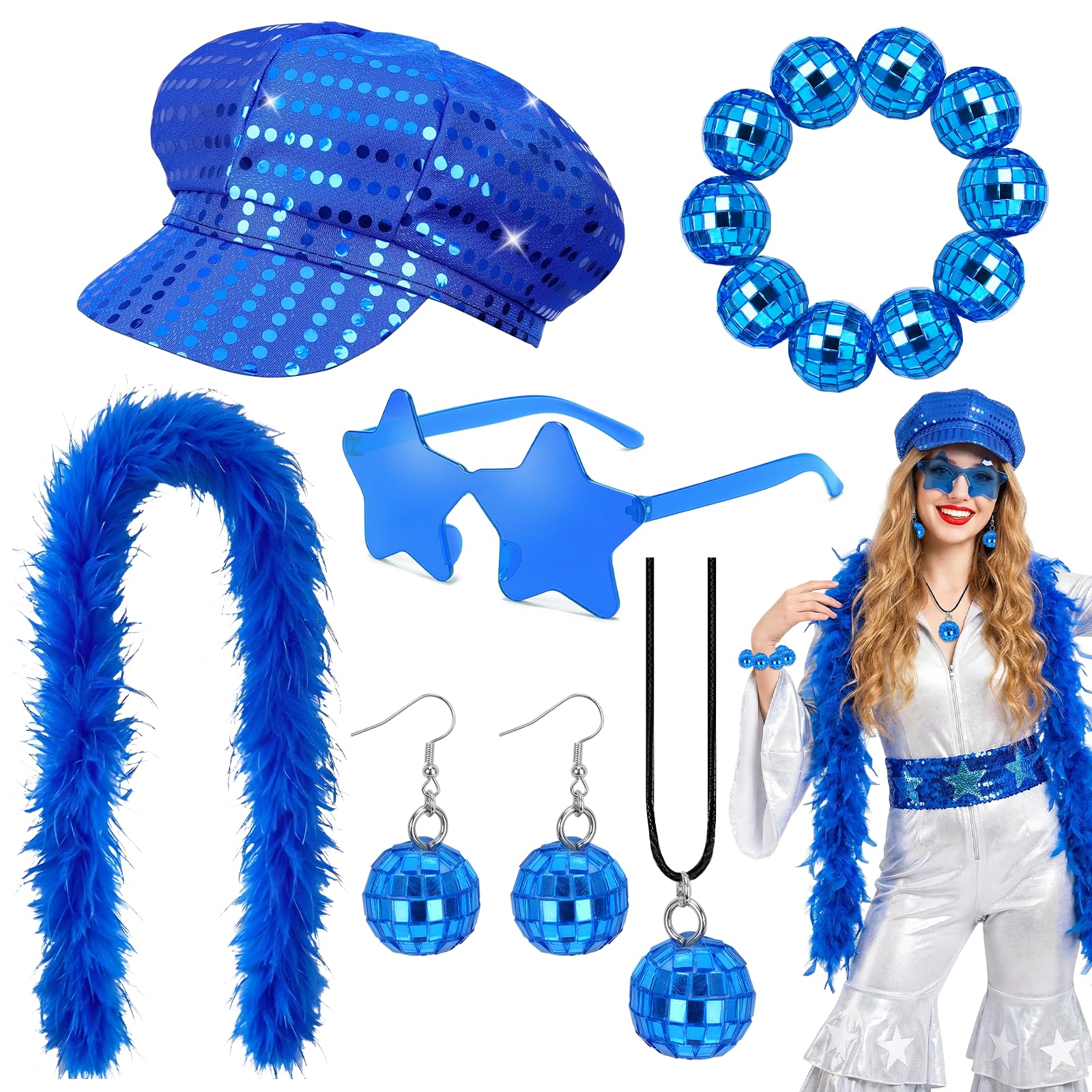 Vervora Disco Fancy Dress Accessories Set for Adults – 70s Disco Costume Kit with Feather Boa, Sequin Cap, Star Glasses, Disco Ball Necklace Earrings Bracelet for Theme Party (Blue) — image 1