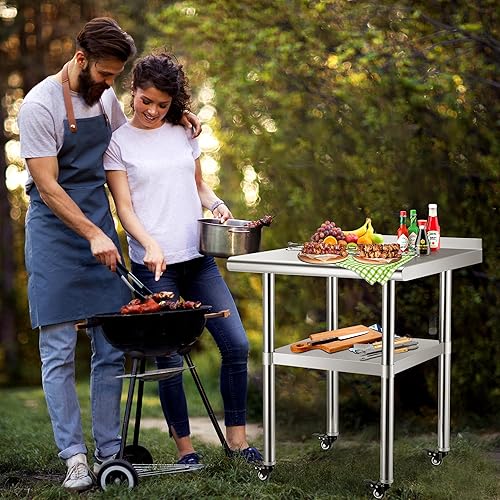 Miniatura 2 de Sapodilla NSF Mesas de trabajo de acero inoxidable con ruedas, 24 x 24 pulgadas, mesas comerciales resistentes con placa trasera y estante inferior