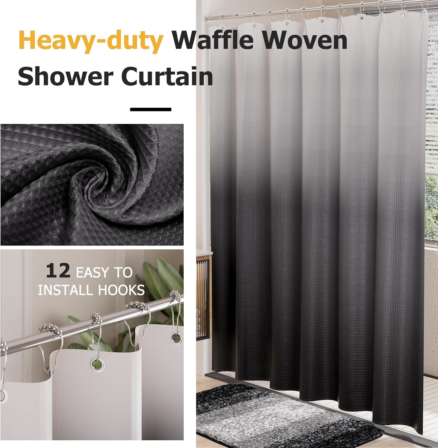 15 Pcs Shower Curtain Set Black Bathroom Sets with Shower Curtain and Rugs Ombre Waterproof Thicken Waffle Shower Curtain with 2 Piece Non-Slip Luxury Bathroom Rugs and 12 Hooks for Bathroom Decor