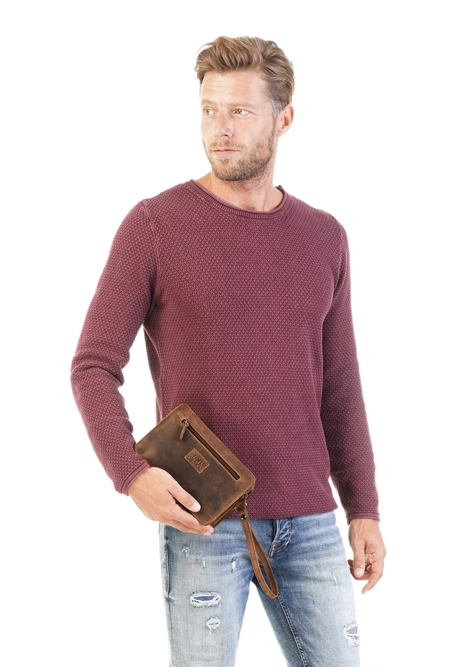 BAGAN Handgelenktasche Echt Leder Herren | Vintage Clutch mit Smartphone-Fach | kompakte Abendtasche | Mini-Tasche mit Handschlaufe | 020347