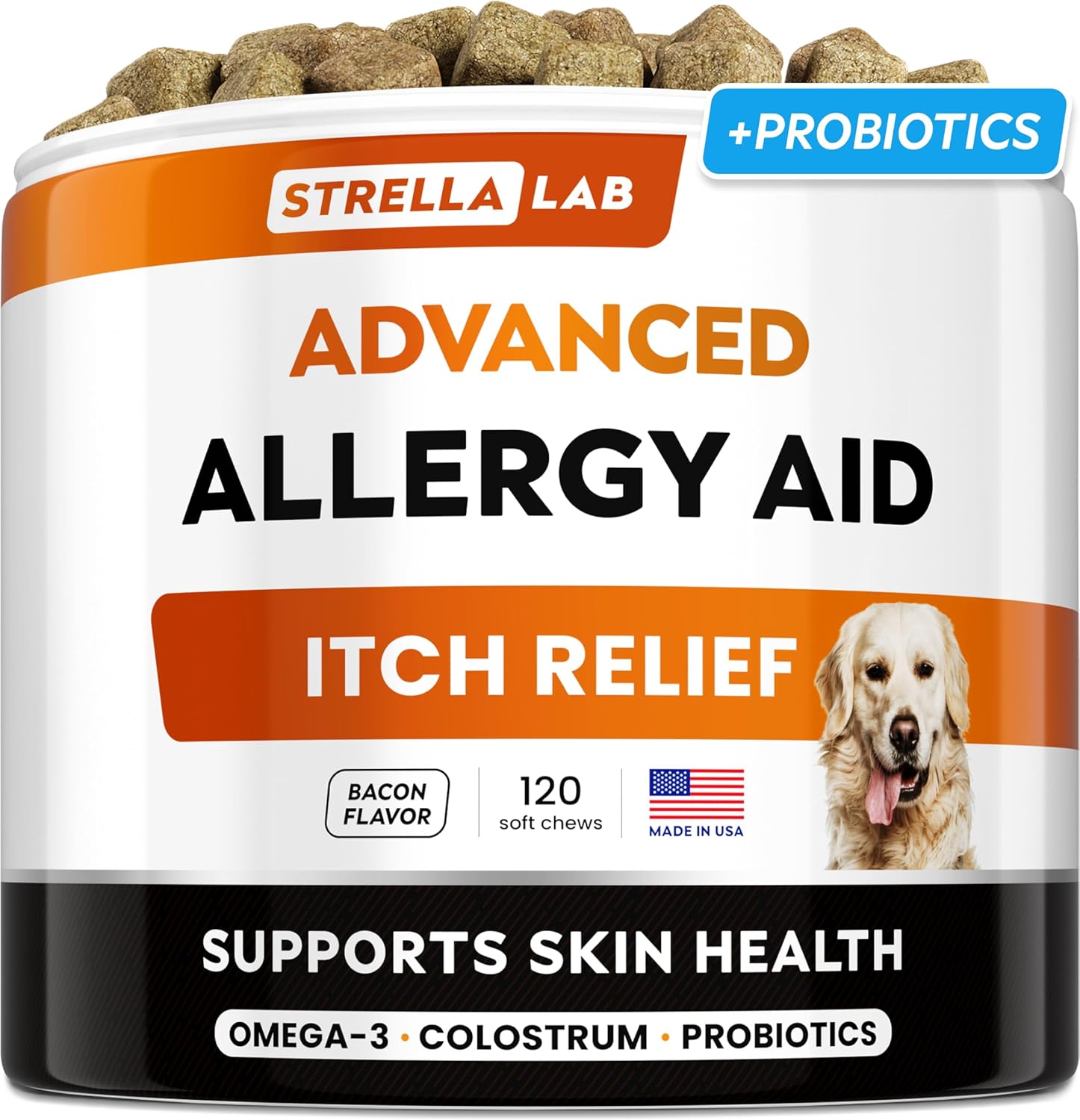 StrellaLab Dog Allergy Relief & Anti Itch Support Chews w/Omega 3: Real Ingredients, Real Taste! Skin & Coat Immune Supplement w/Fish Oil, Pumpkin & Enzymes — Developed by Experts – Made in USA -120Ct StrellaLab Dog Allergy Relief & Anti Itch Support Chews w/Omega 3: Real Ingredients, Real Taste! Skin & Coat Immune Supplement w/Fish Oil, Pumpkin & Enzymes — Developed by Experts – Made in USA -120Ct