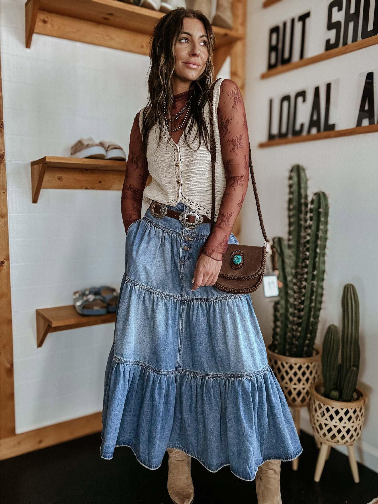 utcoco Gonna lunga da donna in denim a vita alta, con volant a balze, svasata, con tasche