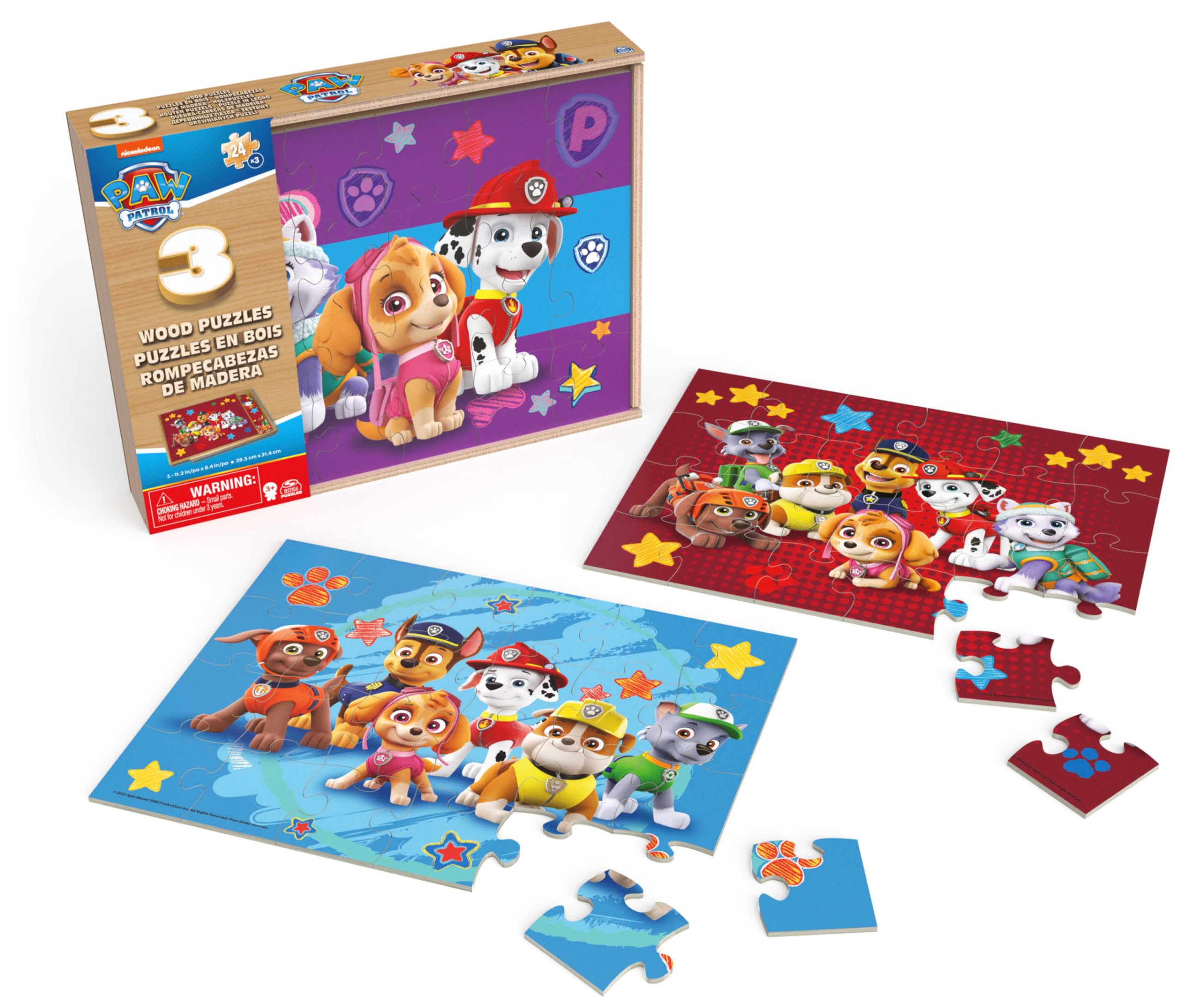 PAW Patrol Holzpuzzle-Sammlung, 3er Set mit Stabiler Holzbox zur Aufbewahrung, 24-teilige Kinderpuzzles, Puzzle-Spaß für Vorschulkinder ab 3 Jahren