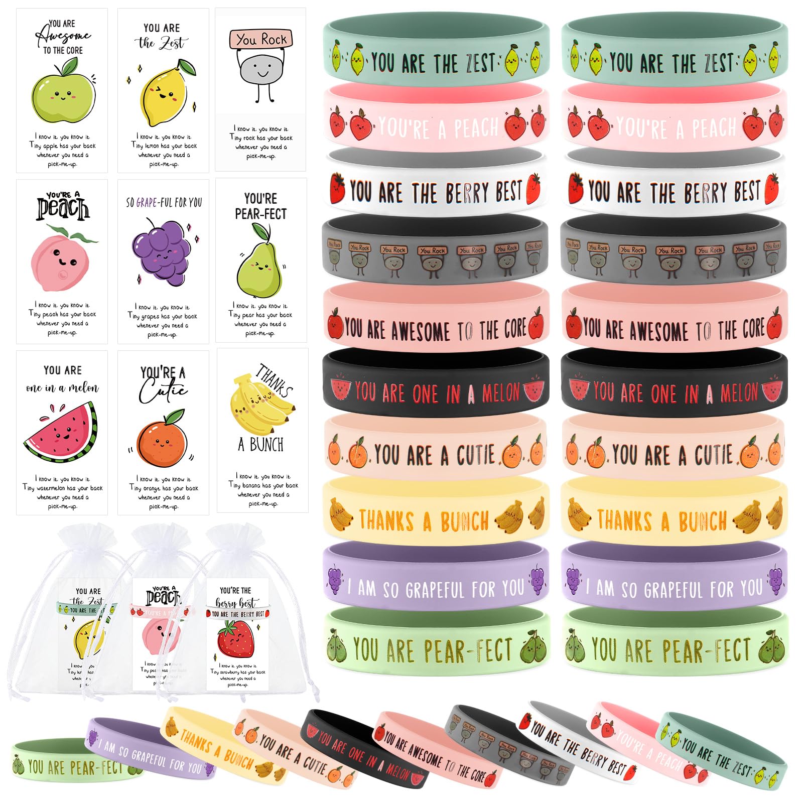 Shappy 60 Sets Motivational Rubber Wristbands Gifts Inspirational Fruit Silicone Bracelets with Motivational Fruit Pun Cards Organza Bags Valentines