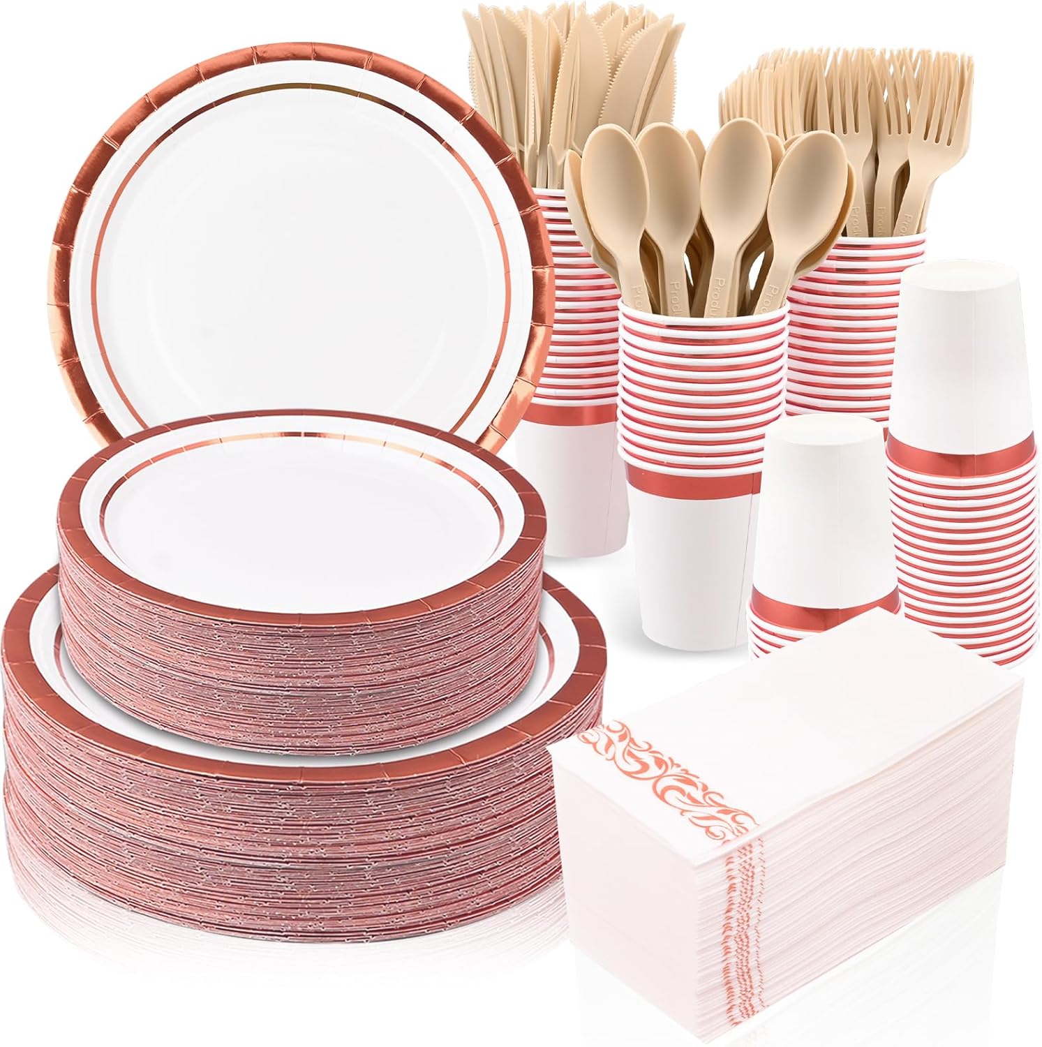 350 Pcs White & Rose Gold Party Supplies, Rose Gold Disposable