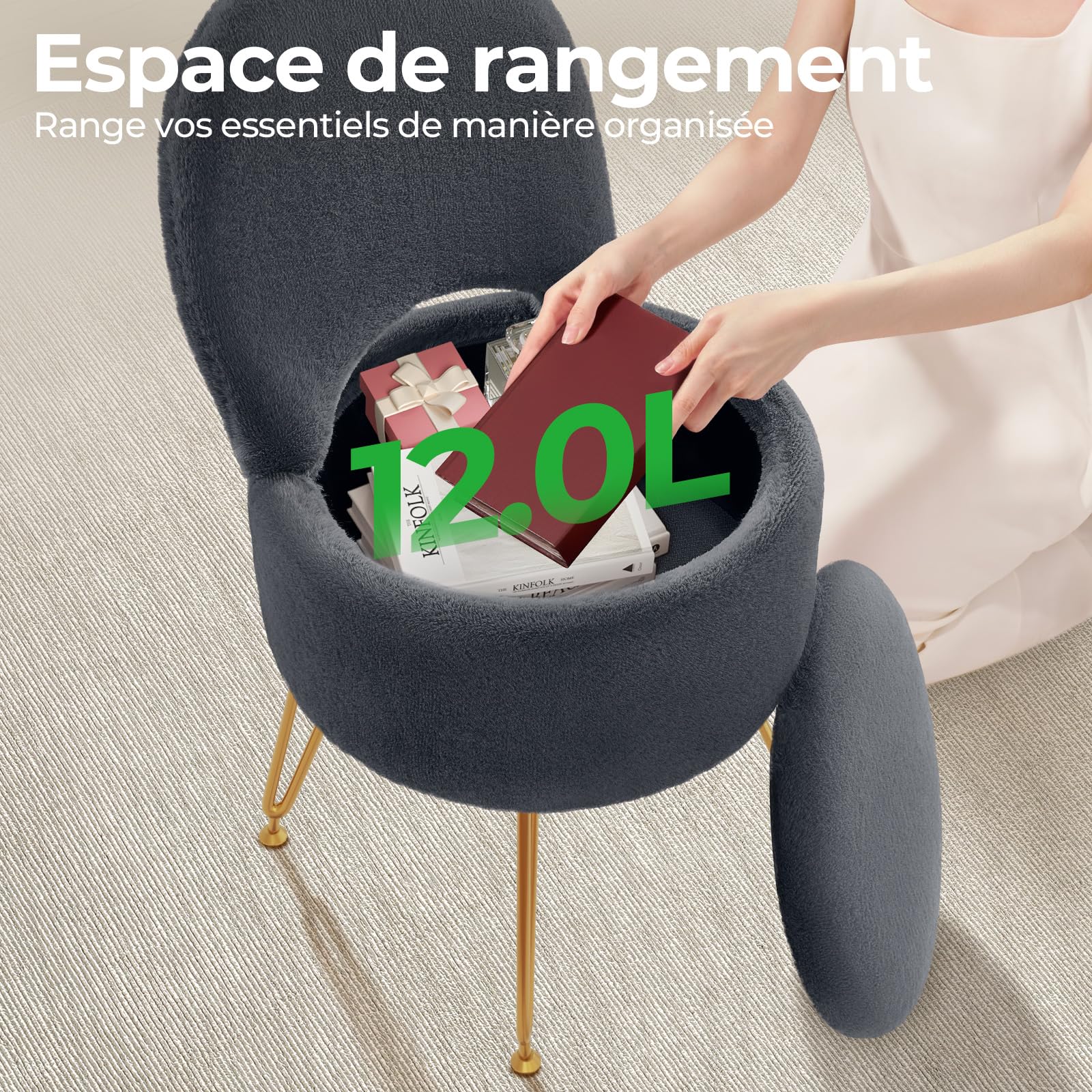 Rolanstar Tabouret de Coiffeuse en Velours avec Rangement Caché – Dossier Pliable Transformable en Repose-Pieds – Pouf de Maquillage Confortable pour Chambre ou Bureau (Gris, Grand)