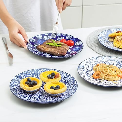 Miniatura 6 de KitchenTour - Platos llanos de cerámica, platos de ensalada en relieve de 8.5 pulgadas, juego de 4, platos para servir postres, pasta, filetes,