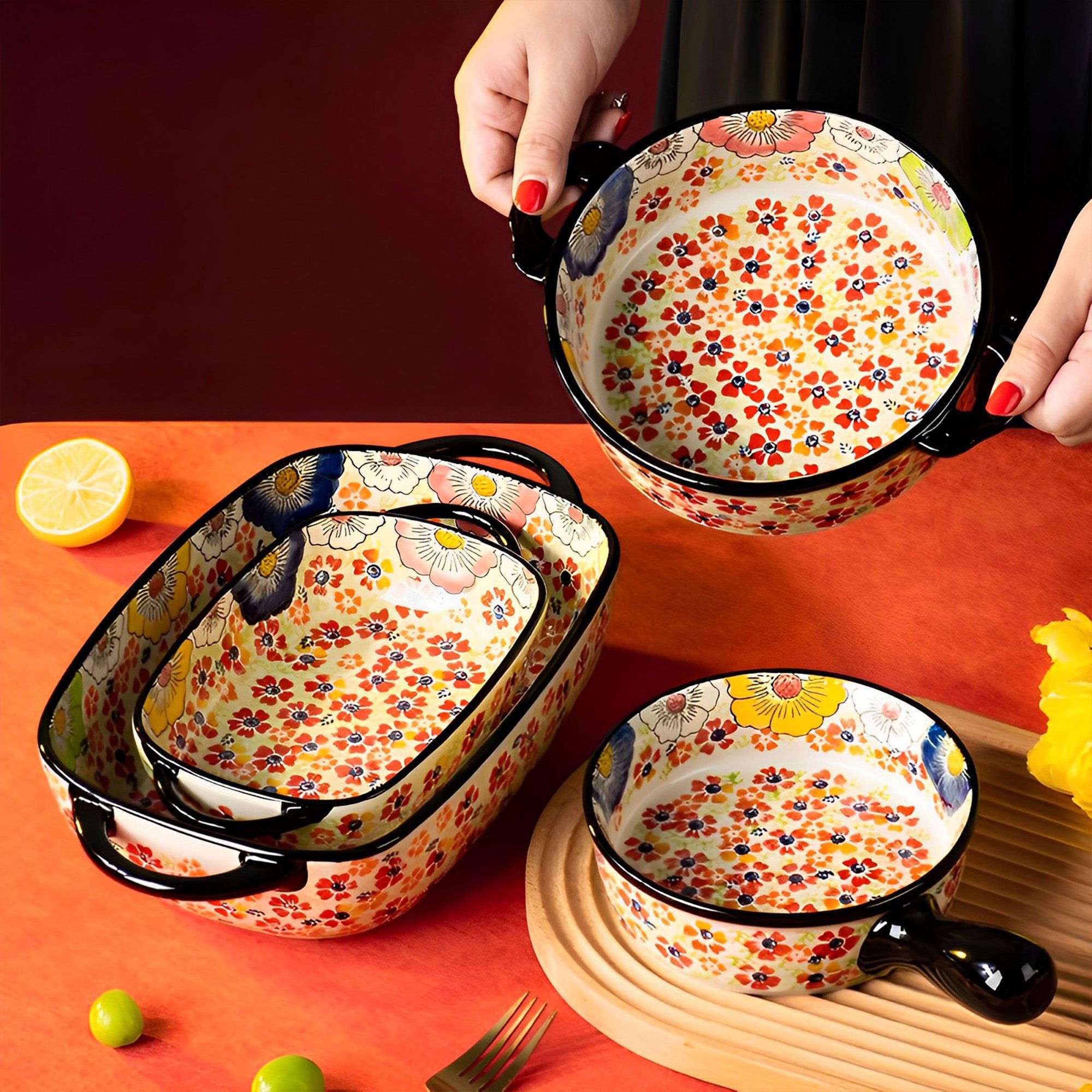 Ceramiczne naczynie do pieczenia do piekarnika, małe naczynie do zapiekania z uchwytami, piekarnik ceramiczny do pieczenia kwiaty w kolorze C prostokąt 700 ml