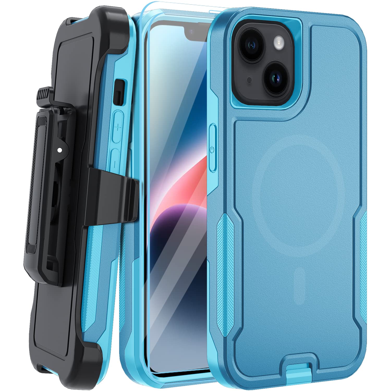 MUITQ 5-in-1 Magnetic Case for iPhone 13/14, Heavy Duty Case with Belt Clip Holster, Tempered Glass Screen Protector (2 Pcs), Lake Blue