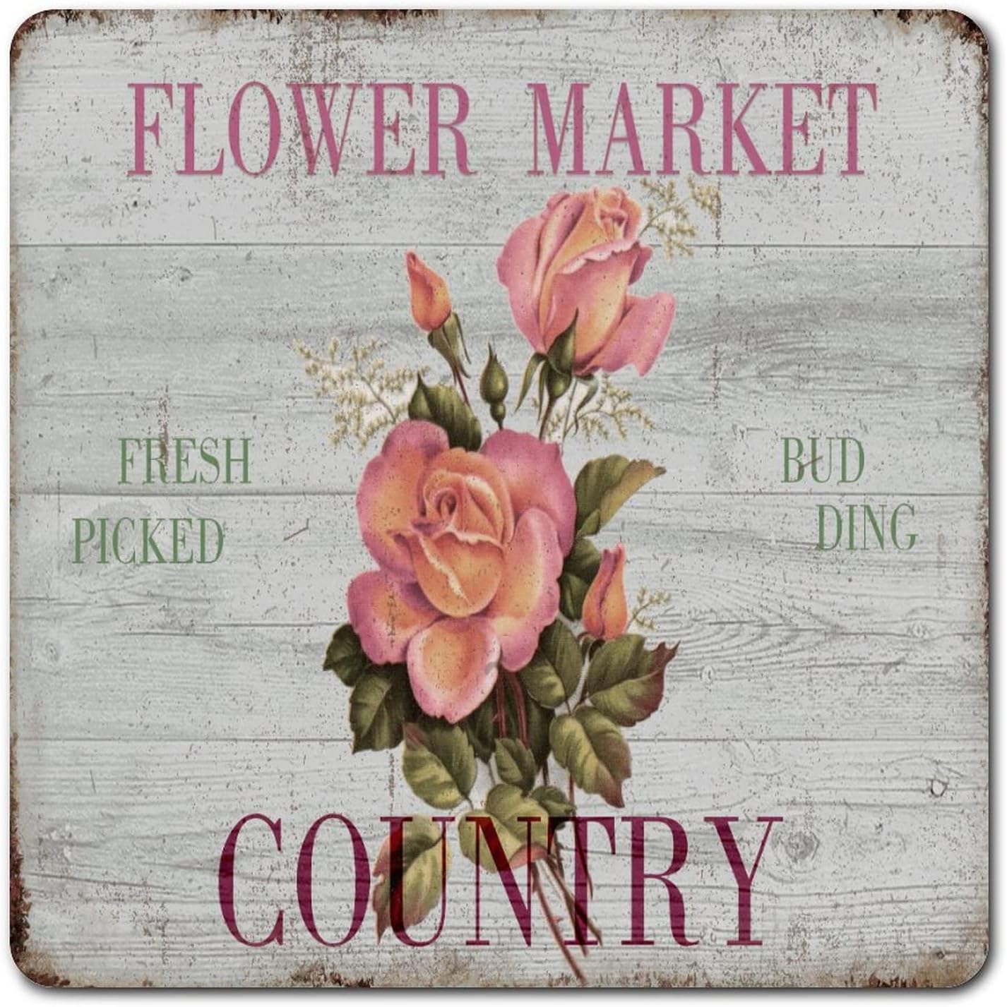 Flower Market Rose Retro Metal Signs, Flower Market Rose Funny Sign, Roses Men Cave Aluminum Signs, Wall Art Poster Tin Plaque Decor for Home Bar Garage Yard, 15" x 15" Easy to Mount