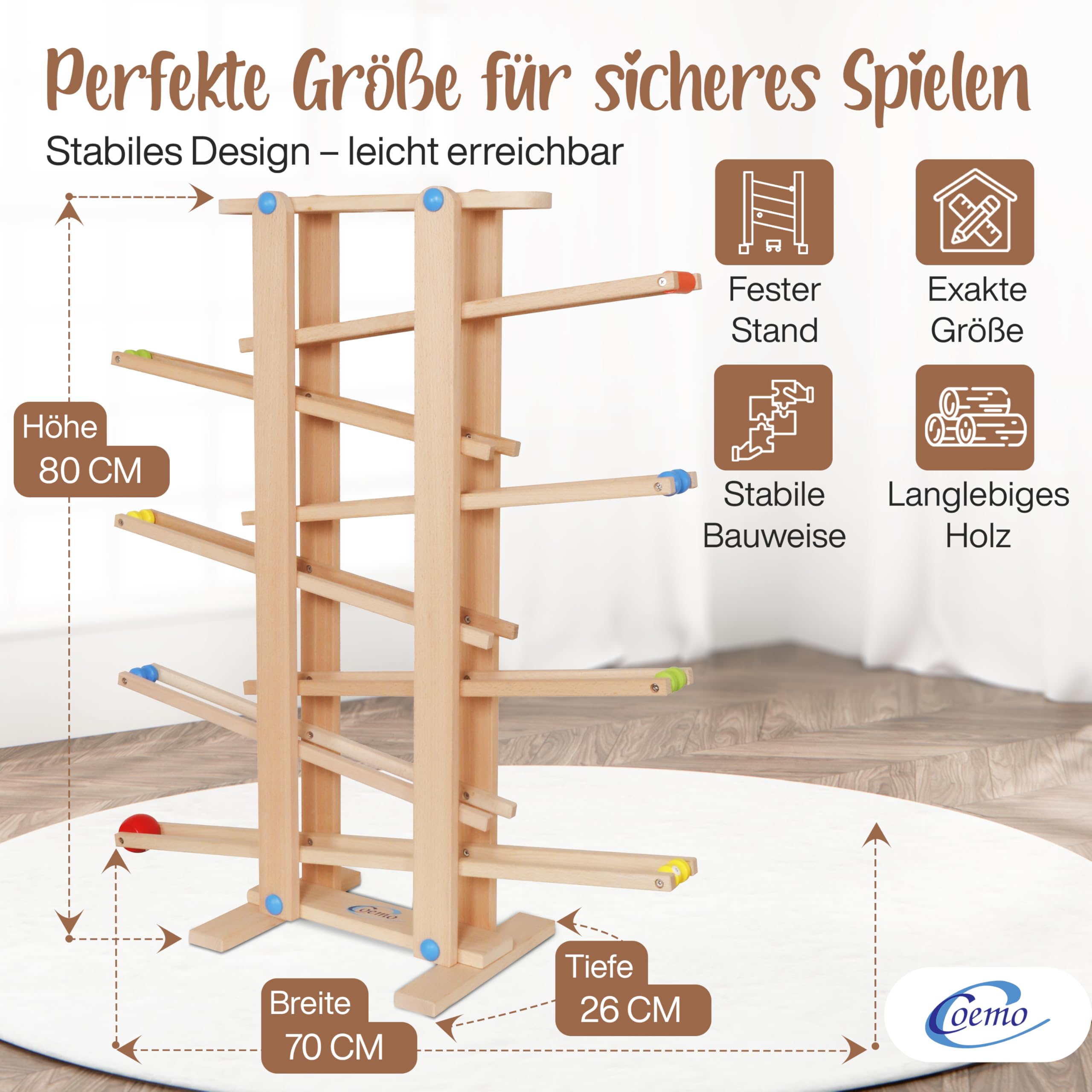Coemo Stabile Kugelbahn XL aus Holz, Natur, 7 niedliche Mobile wie Auto | Blume, Kasper, große Murmelbahn für Kinder, Rennbahn für Baby und Kleinkind, Motorikspielzeug, Hochwertiges Buchenholz
