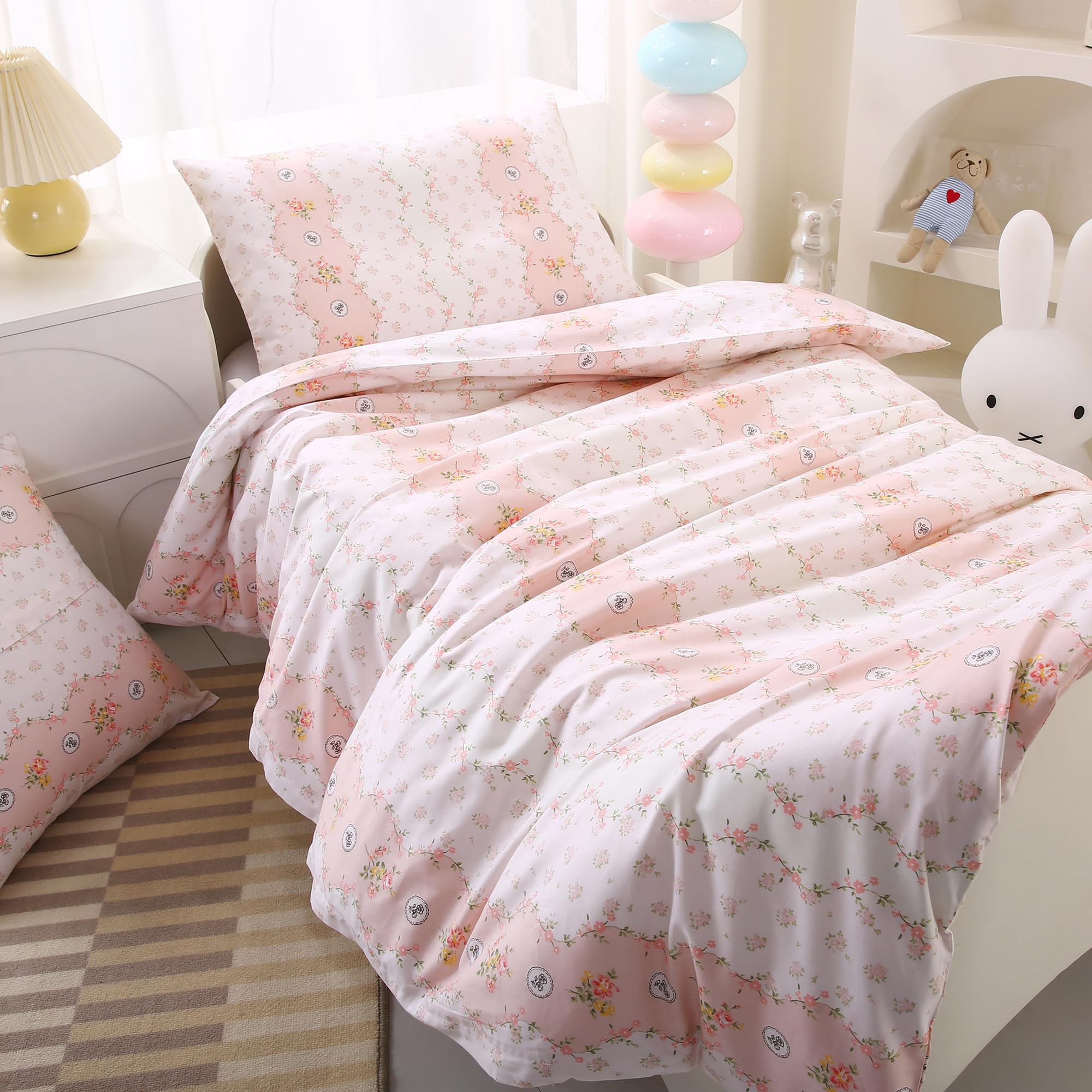 HMtideby Pink Floral Toddler Kids Bedding Set for Girls Cot Bed Duvet Cover with Pillowcase, 2 pcs, 120 x 150 cm - Image 3
