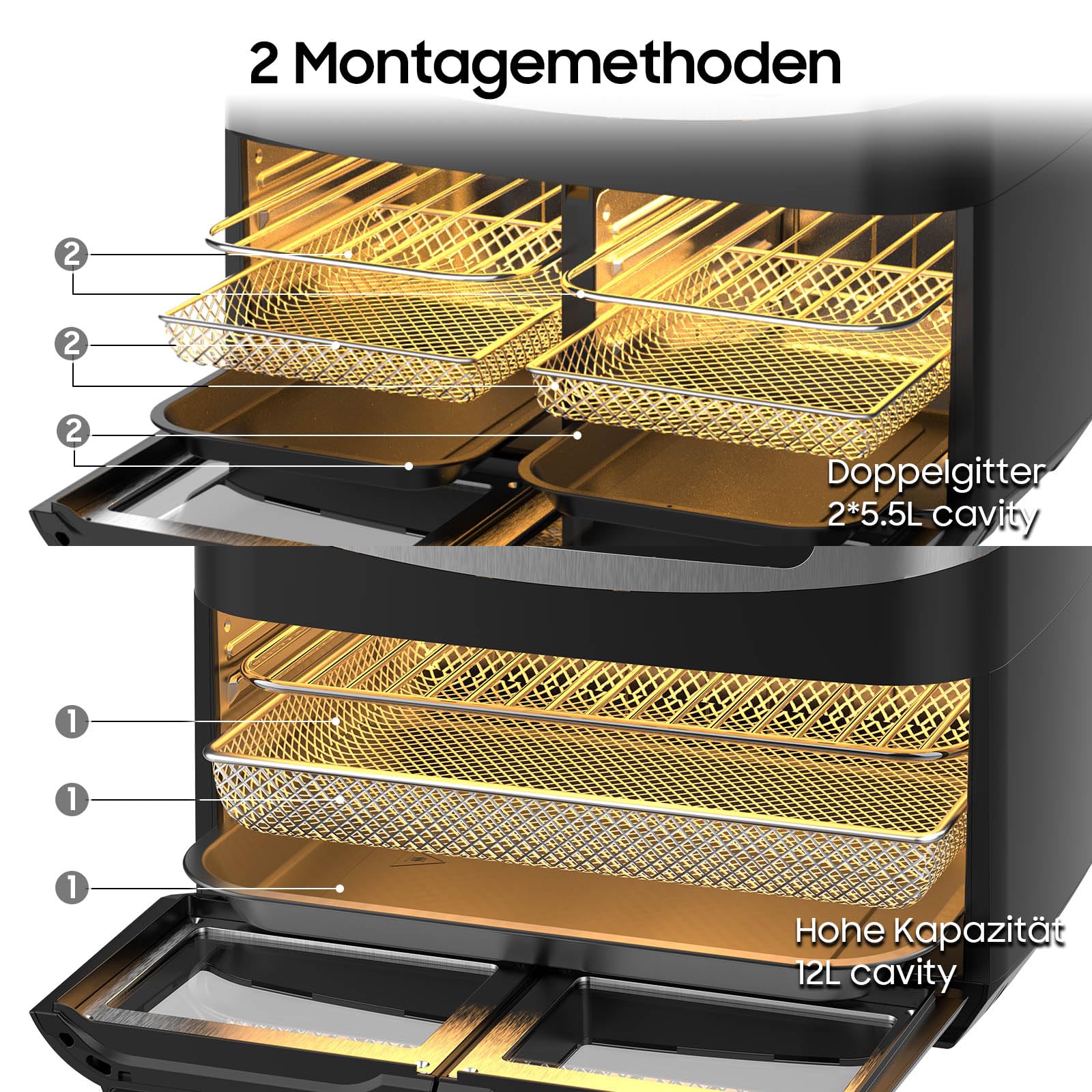XXL Friteuse à Air Chaud à Double Chambre (4l + 7l) – 2600w Sans Huile Airfryer, 10 Programmes