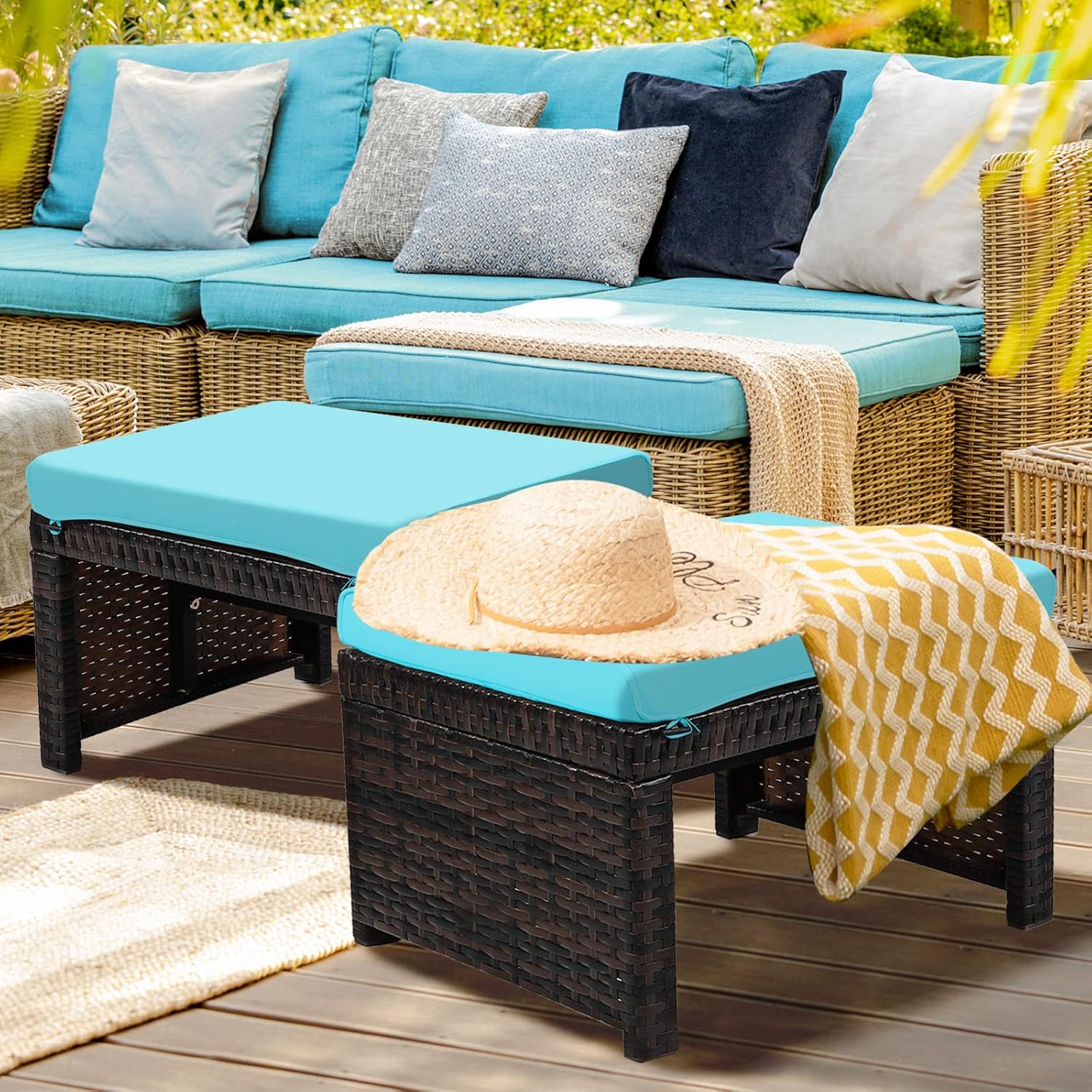 ORALNER Outdoor Ottoman, Set of 2 Wicker Footstools, All-Weather Rattan Foot Stools w/Removable Cushions, Patio Footrest Extra Seating for Porch, Poolside, Garden, Deck, Easy Assembly (Turquoise)