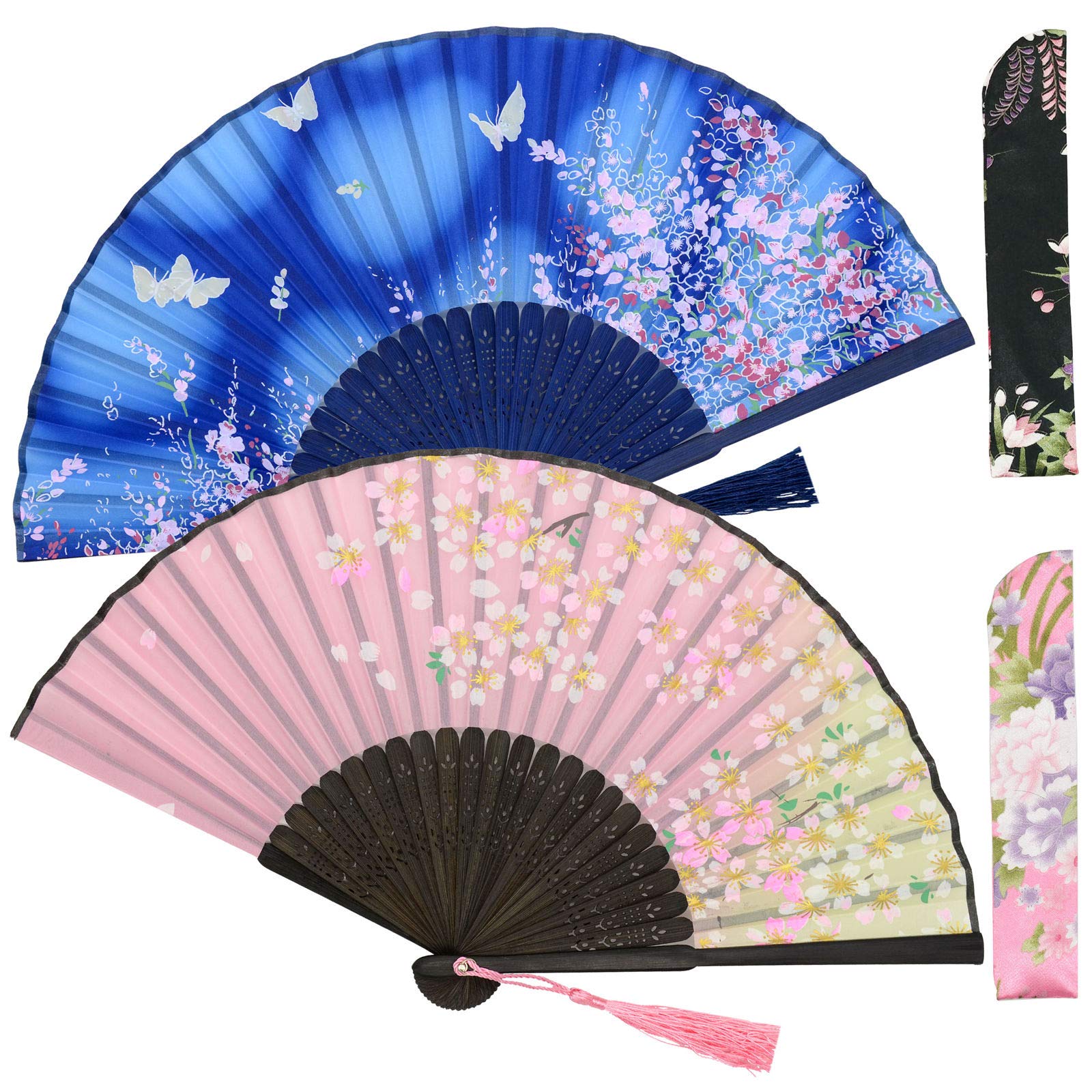 Zolee 2 PCS Small Folding Hand Fans for Women - Chinese Japanese Vintage Bamboo Silk Fans - for Dance, Performance, Decoration, Wedding, Party,Gift (Blue & Pink Sakura)