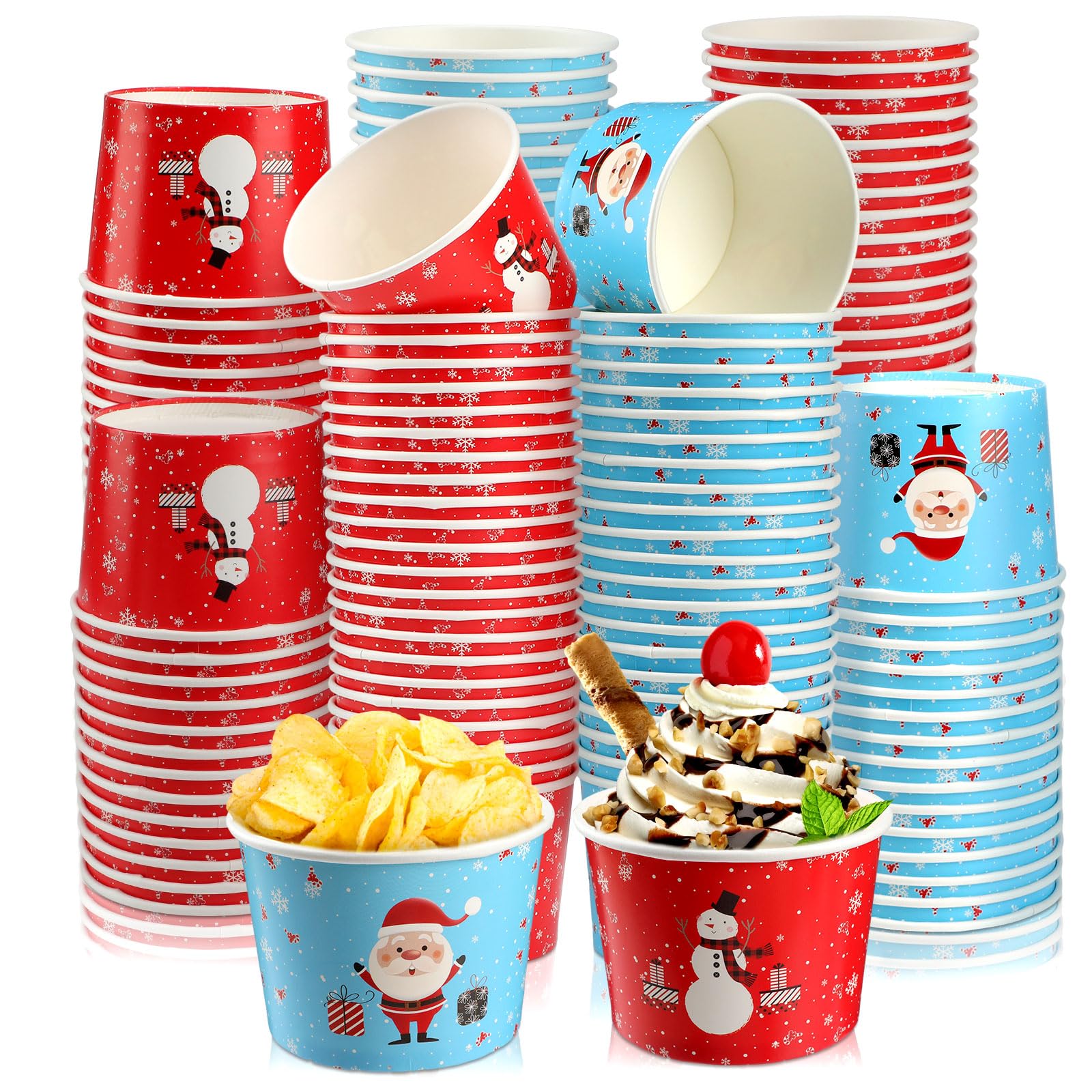 Sliner 200 PCS Christmas Snowman Paper Cups Santa Claus Paper Bowls Disposable Snack Bowls Dessert Bowls Snowflake Paper Bowls For Christmas Cupcakes Hot or Cold Food Party Supplies