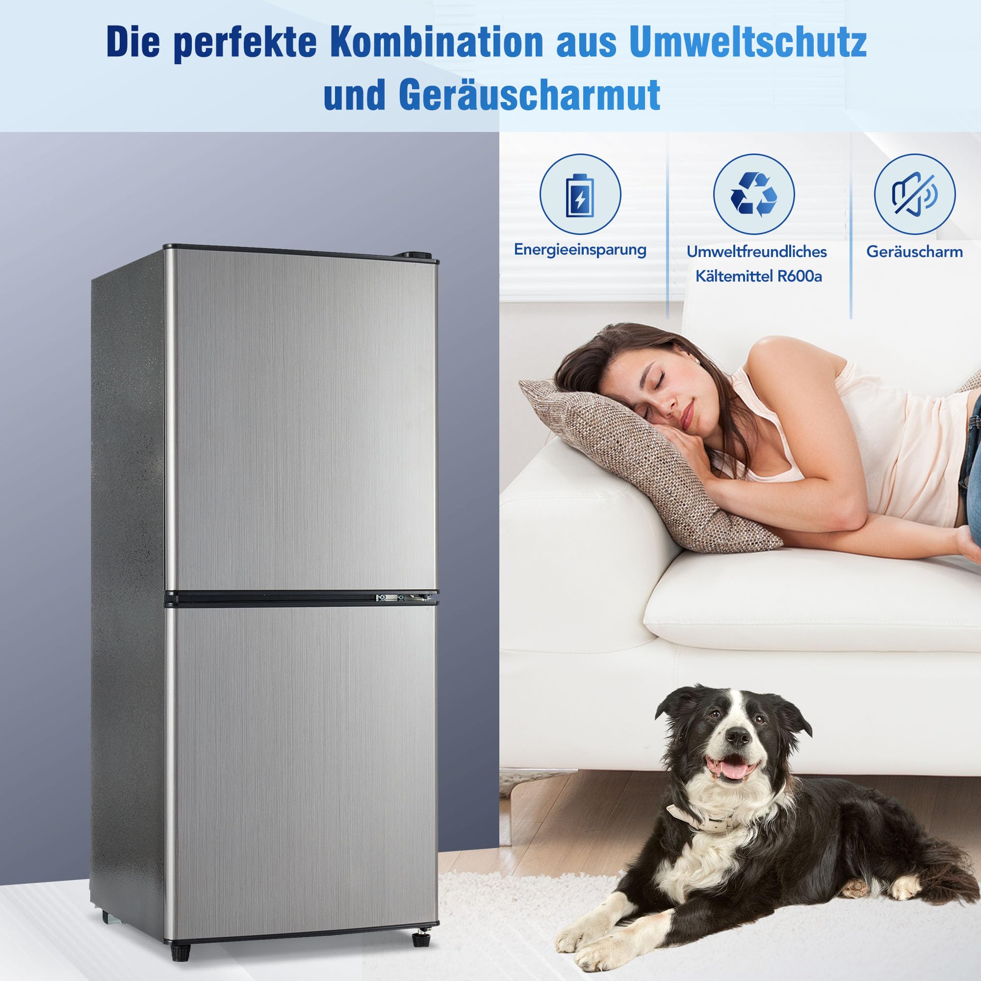 Gegtuon Frigorifero 106L, Frigo con Illuminazione a LED e Divisorio per Ripiani, Professional Frigo Bar Refrigerata con Congelatori e Porta Verstellbare per Cucina Ufficio, Classe E, 220-240V, Argento