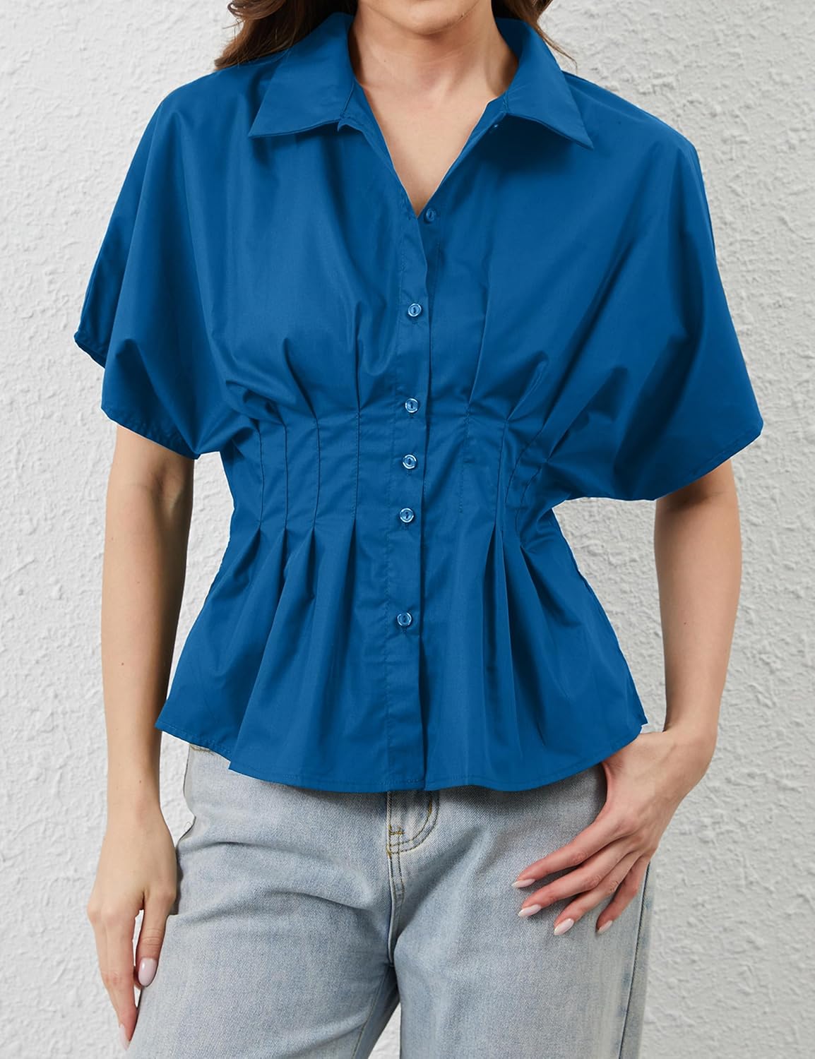 Women Striped Button Pleated Shirts Short Sleeve Summer Casual Peplum Blouse - Image 3