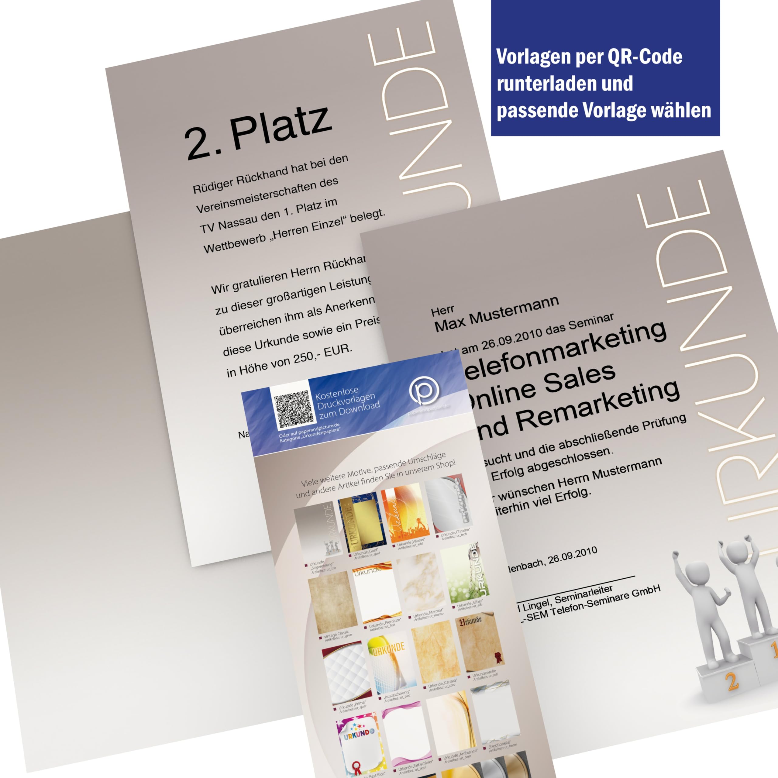 Urkundenpapier DIN A4 190g 100 Blatt „Siegerehrung“ Podium Design grau – beidseitig bedruckt – inkl. Textvorlagen zum Download