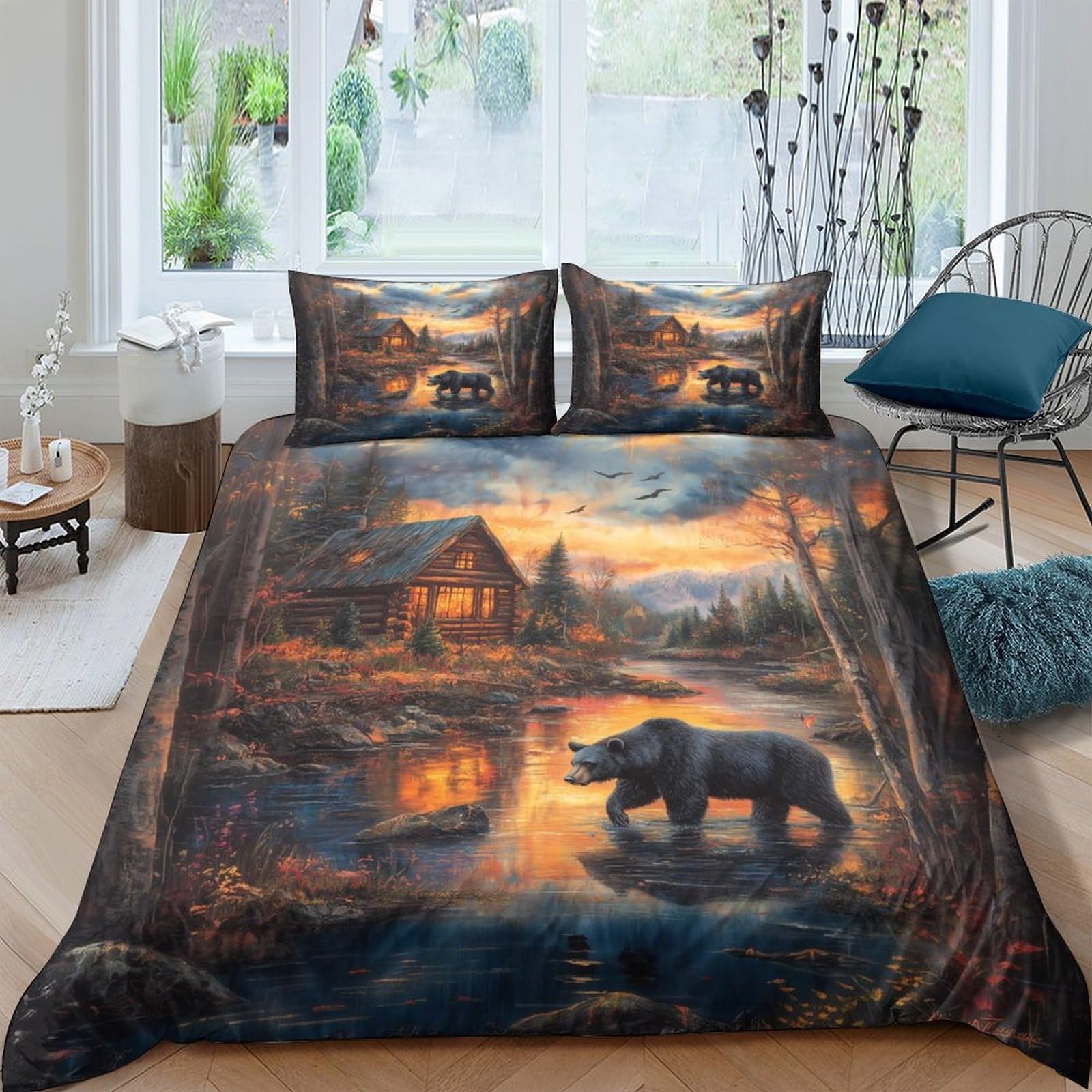 Ctjqhvkz Style-7 3D Printed Cabin Forest Fitted Sheet Microfiber Soft Breathable Bear Lake Mattress Cover Bedroom Decor Single（135X200cm）