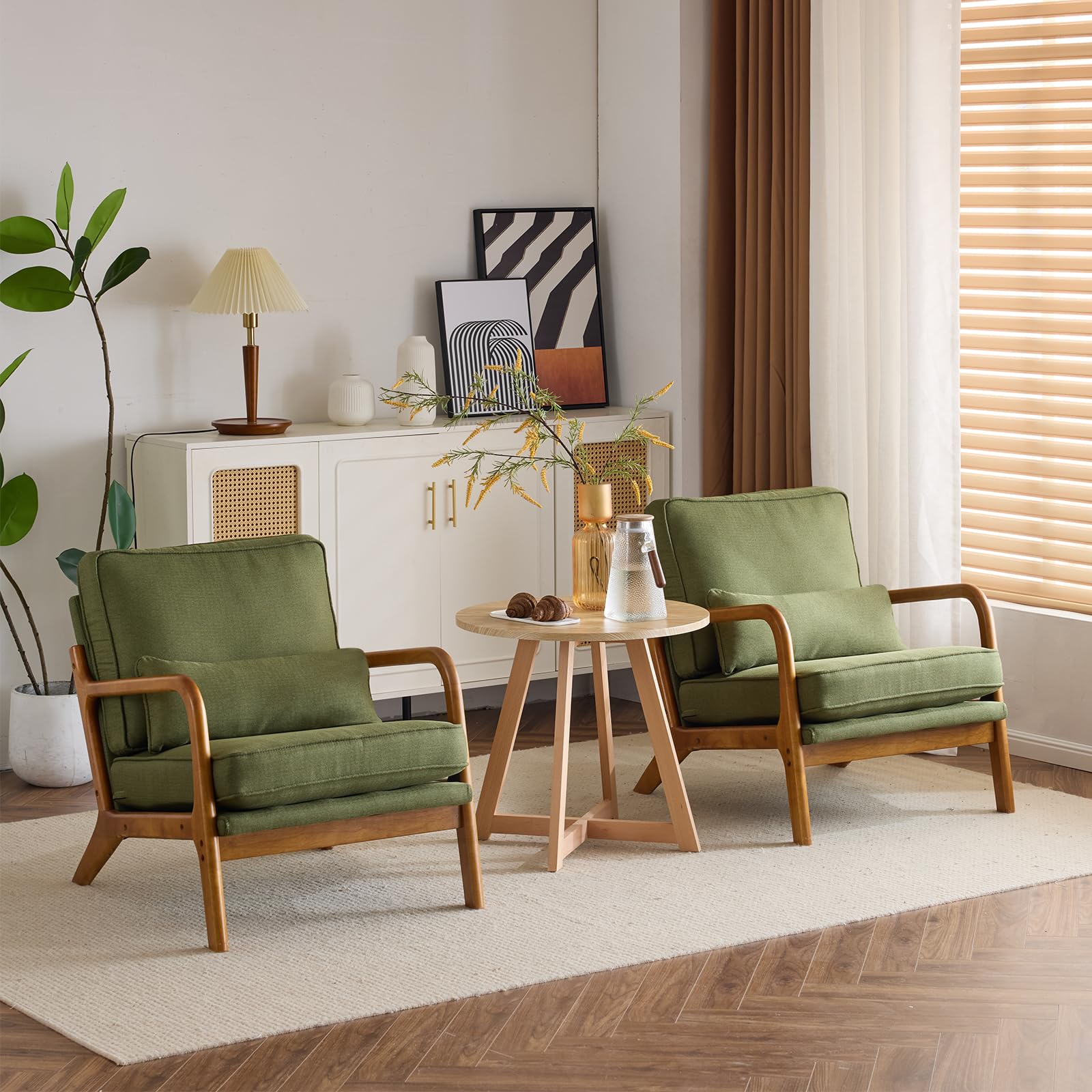 Bonnlo Accent Chair, Soild Wood Padding Lounge Armchairs Set of 2, Occasional Reading Chair with Cushions and Lumbar Pillow, Armchairs for Living Room, Bedroom, Guest Room Fabric, Dark Green