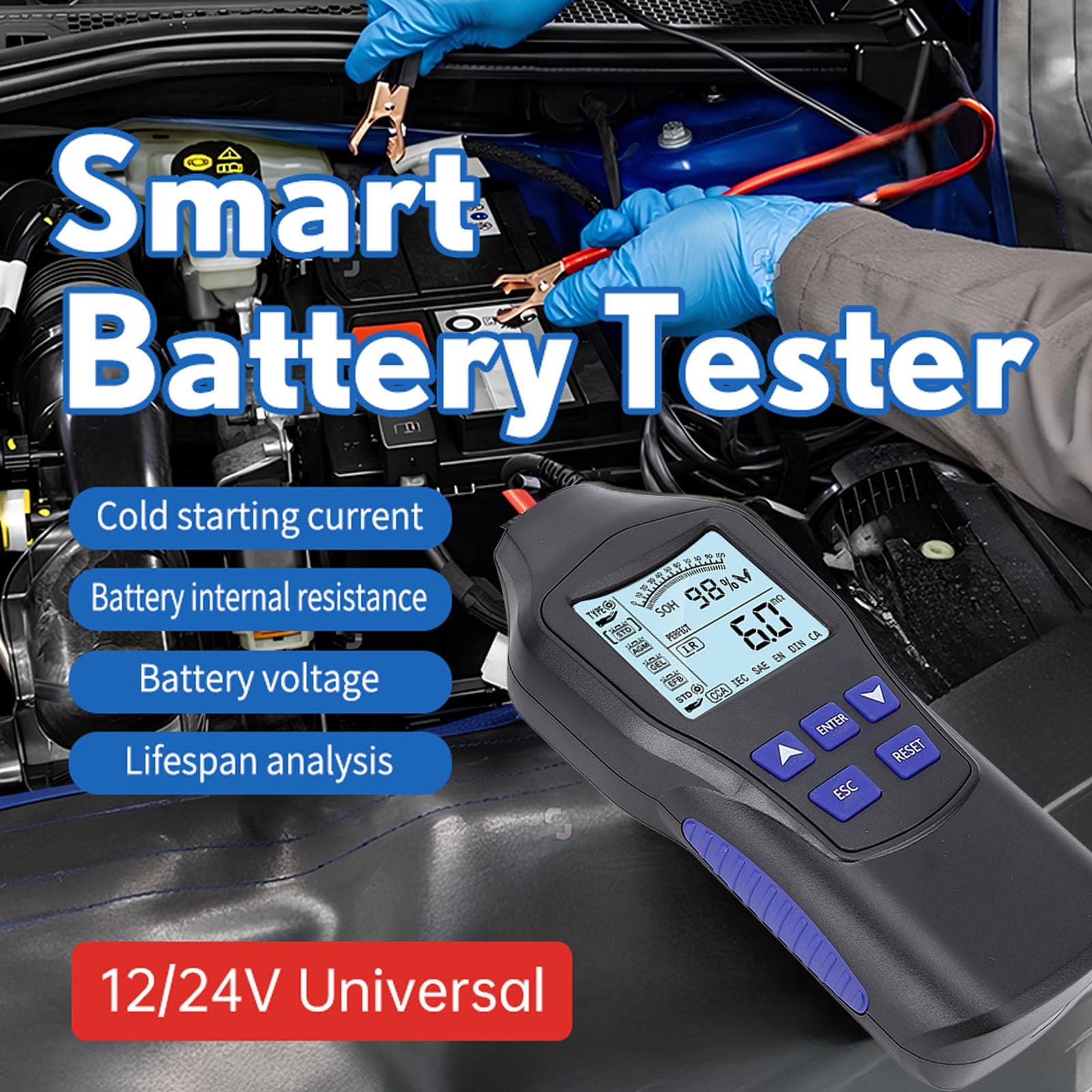 Probador de Batería de Automóvil, 12V de 24 V LCD Voltaje de Voltaje Corriente Detección Automotriz Alternador Probador para Motocicleta Barco RV Marine