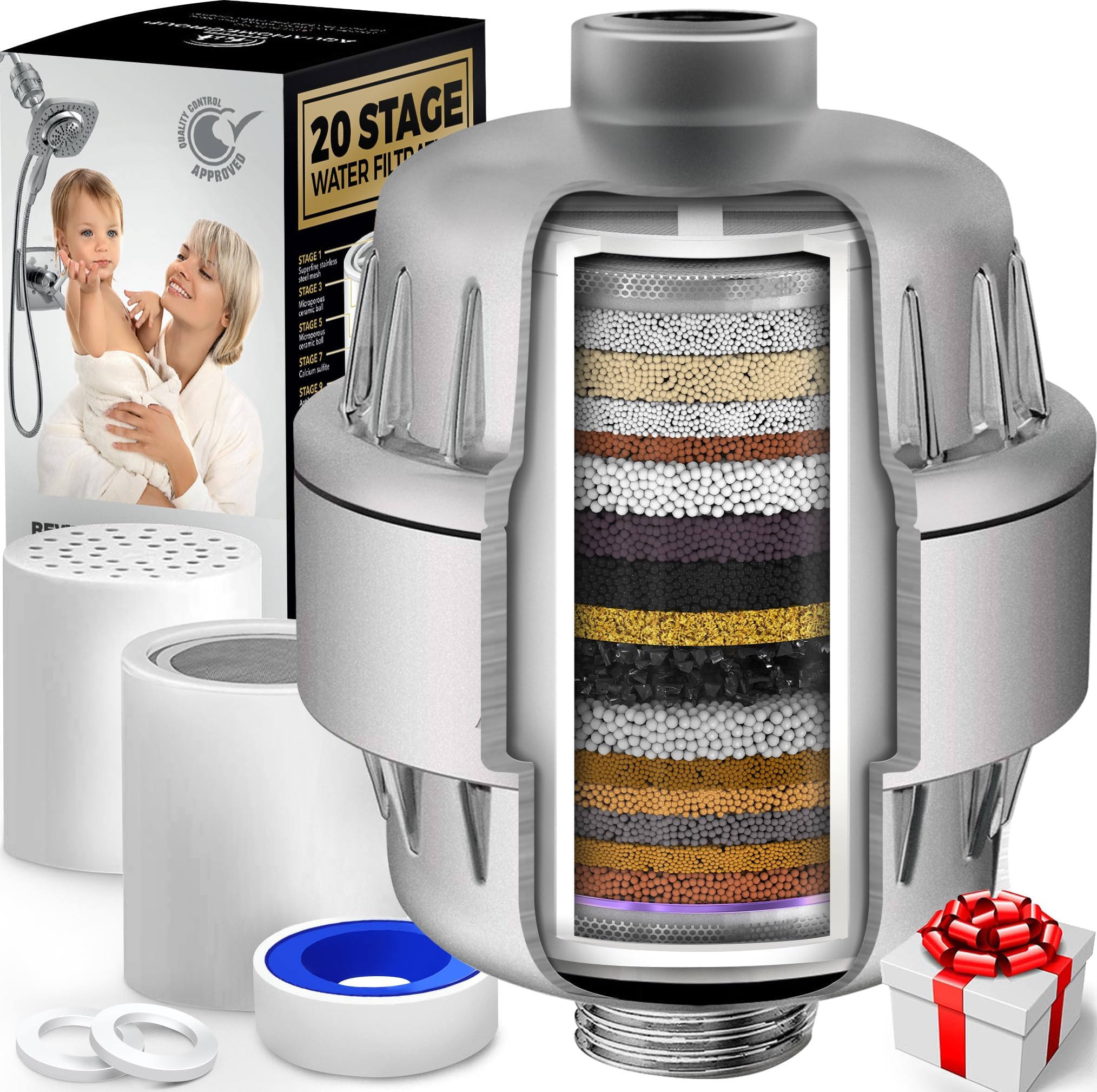 20 Stage Shower Filter with Vitamin C and E - Reduces Chlorine, Heavy Metals and Sediment - 2 Cartridges Included - High Pressure - Matte Chrome