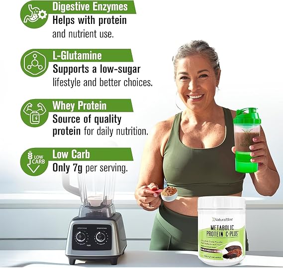 NaturalSlim Metabolic Protein C-Plus | Whey Protein Powder & Shake | Vitamin C, L-Glutamine & Digestive Enzymes | Low Carb | Support Metabolism, Energy & Gut Health | 1.1 lb Chocolate