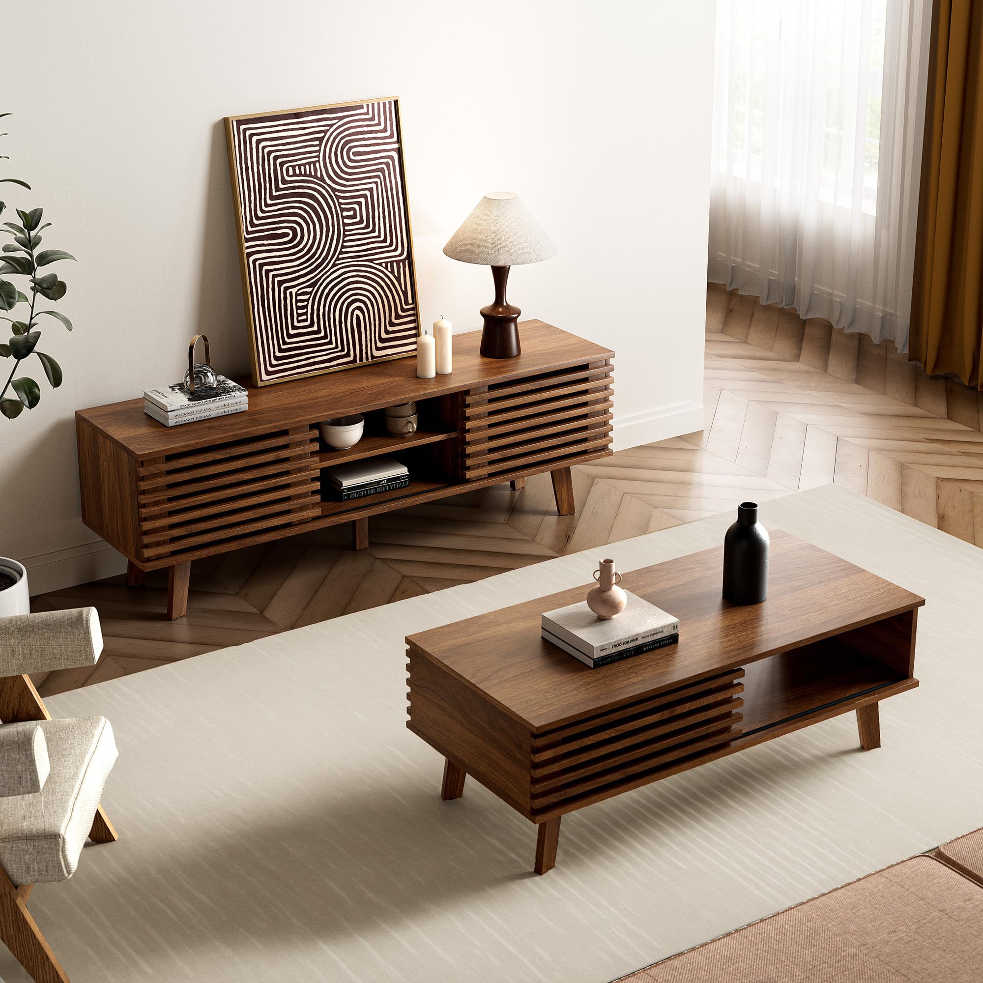 Furniway Living Room Table Sets of 2, Mid Century Coffee Table and TV Stand, Wood Coffee Table with Storage, Modern TV Stand for Bedroom, Living Room, Walnut