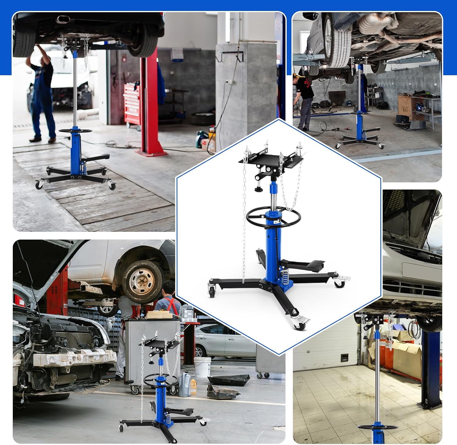 GarveeTech Transmission Jack, 1100 LBS, 1/2 T Capacity, 2 Stage Adjustable Hydraulic Telescopic Jack Stand with Foot Pedal, 360° Swivel Wheels, Brakes, 34 in-68 in Lifting Range,Blue