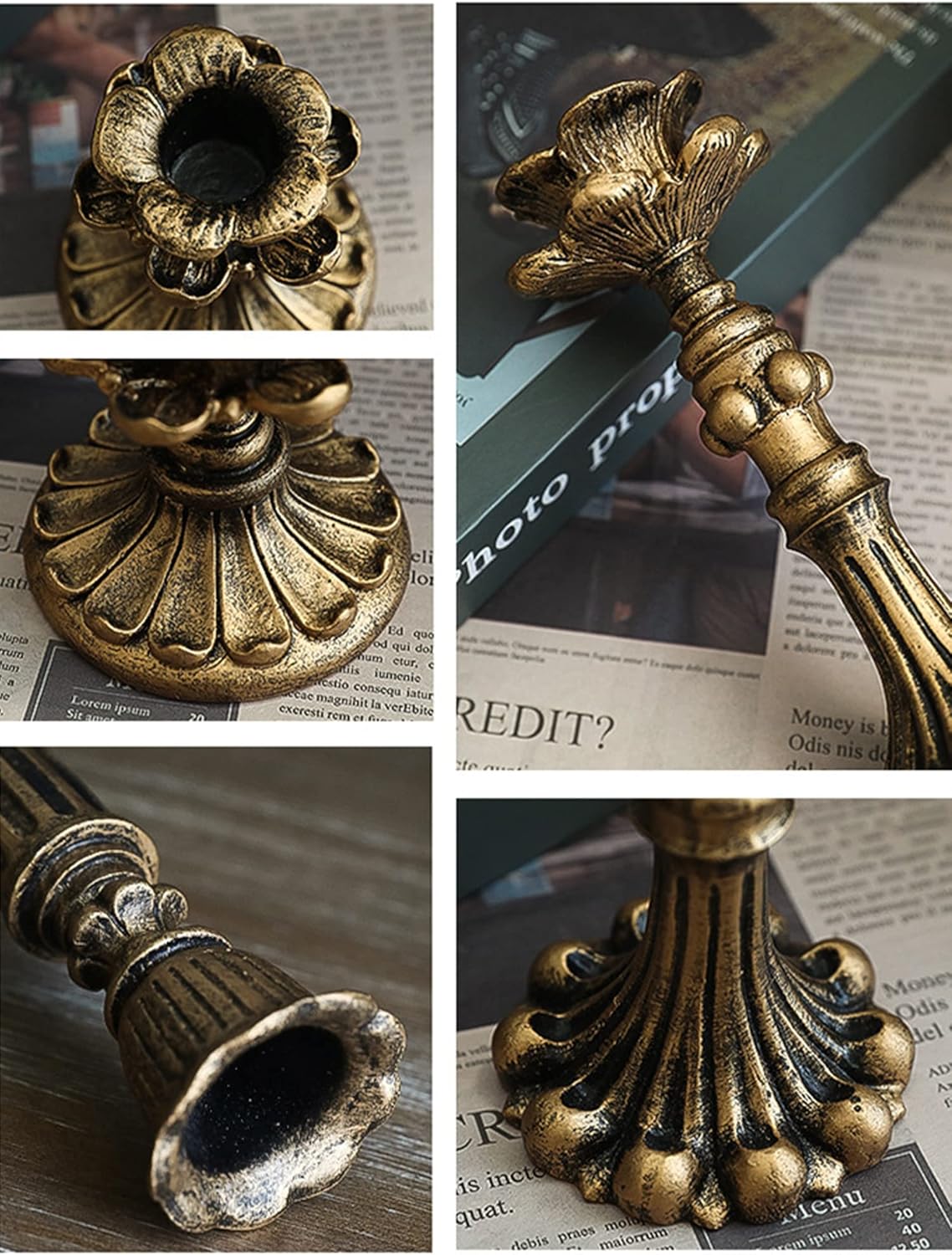 Vintage Candlestick Holder for Taper，Resin Candle Holder Antique Bronze，Decorative for Home Decor Centerpiece for Wedding Party, Wedding Anniversary Decoration，Set of 4(AABC)