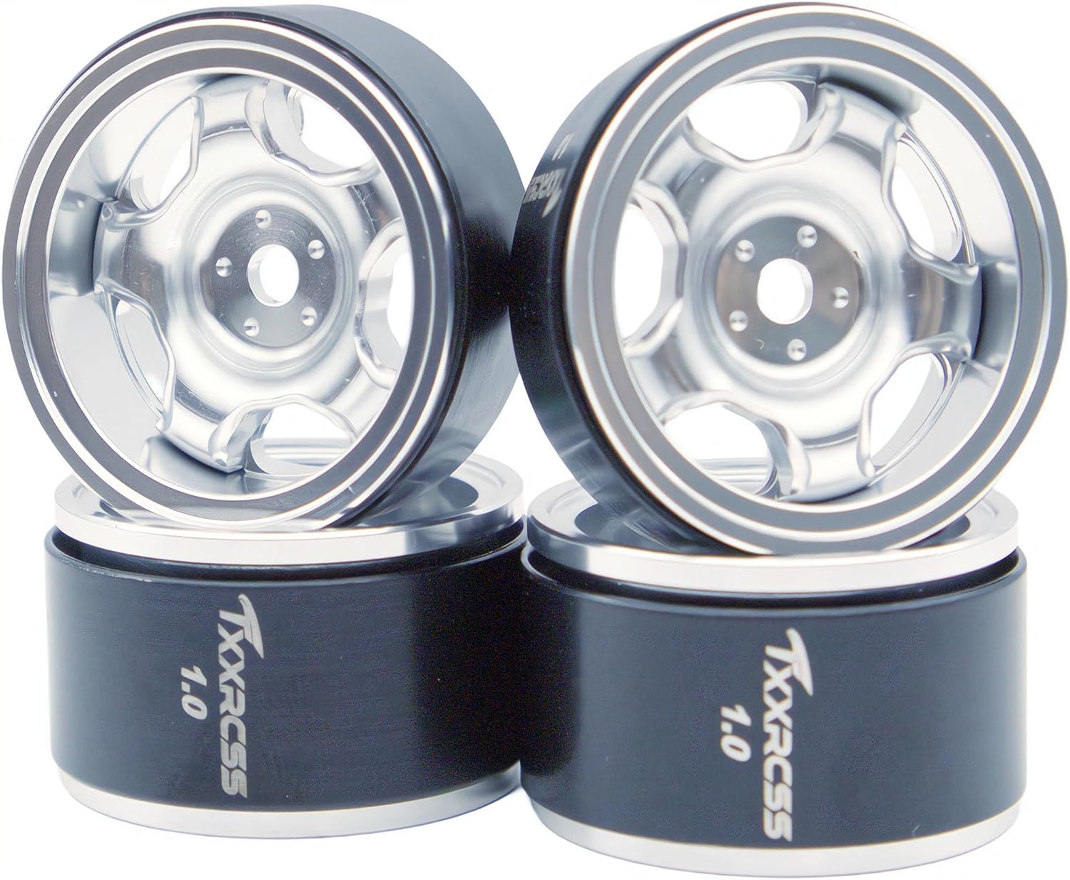 RC 1.0 Beadlock Wheels Offsets -2 Aluminum Rims for AX24 1/18 TRX4M All 1/24 Scale SCX24 Deadbolt RC Crawler Car Wheels Upgrades 4Pc (Silver)