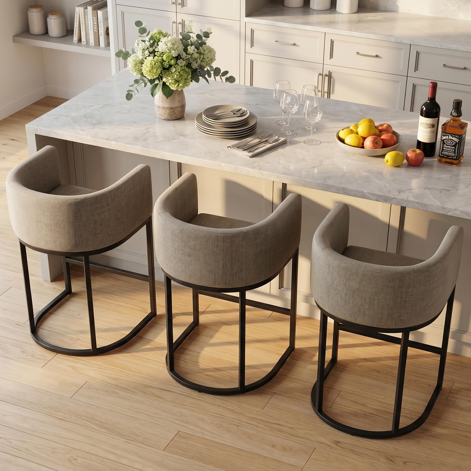 Counter Height Bar Stools Set of 3, 24 Inch Seat Height Barstools for Dining Room, Fabric Upholstered Bar Chair for Kitchen Island, Linen Counter Stools with Metal Legs, Sand