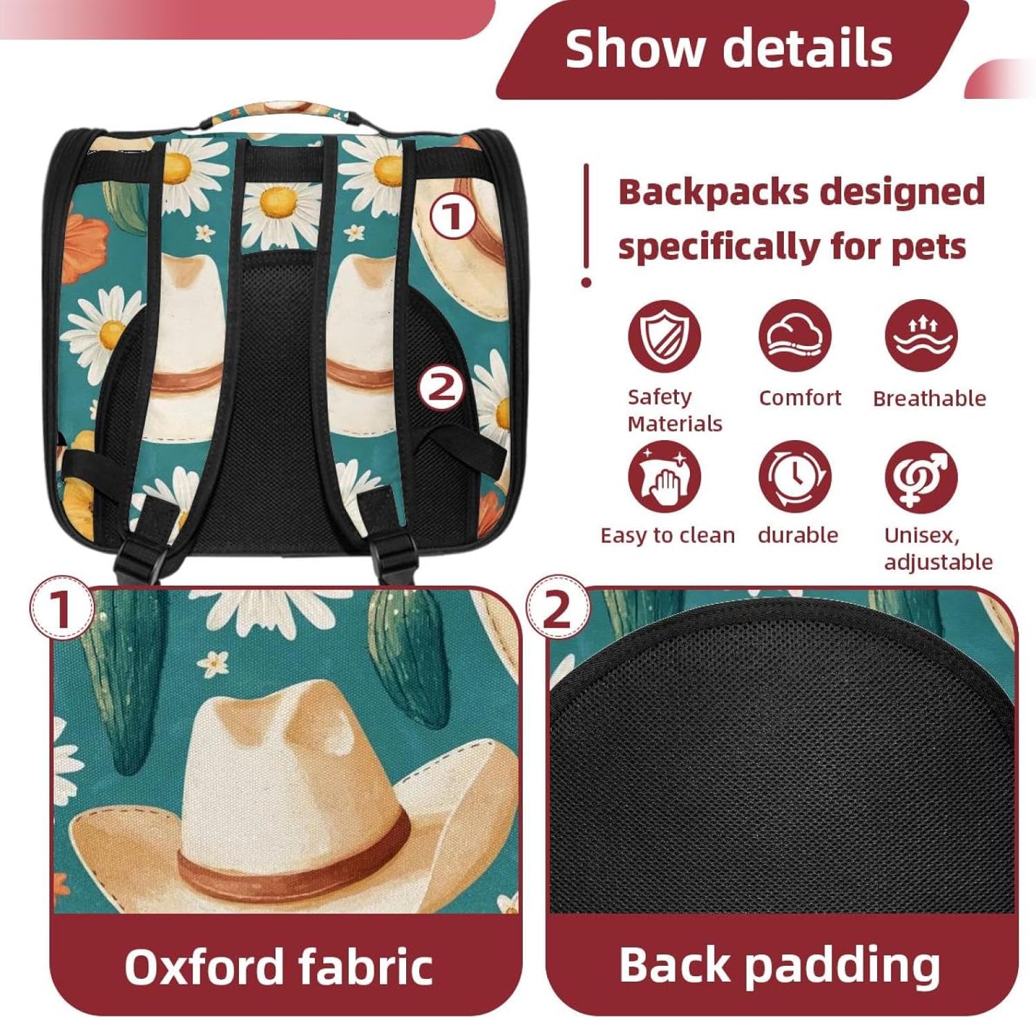 Portable Travel pet Backpack Carrier Hamster Bag Small Dog cat Carrier Breathable Hang Bag, Cowboy Hat Cactuses Western