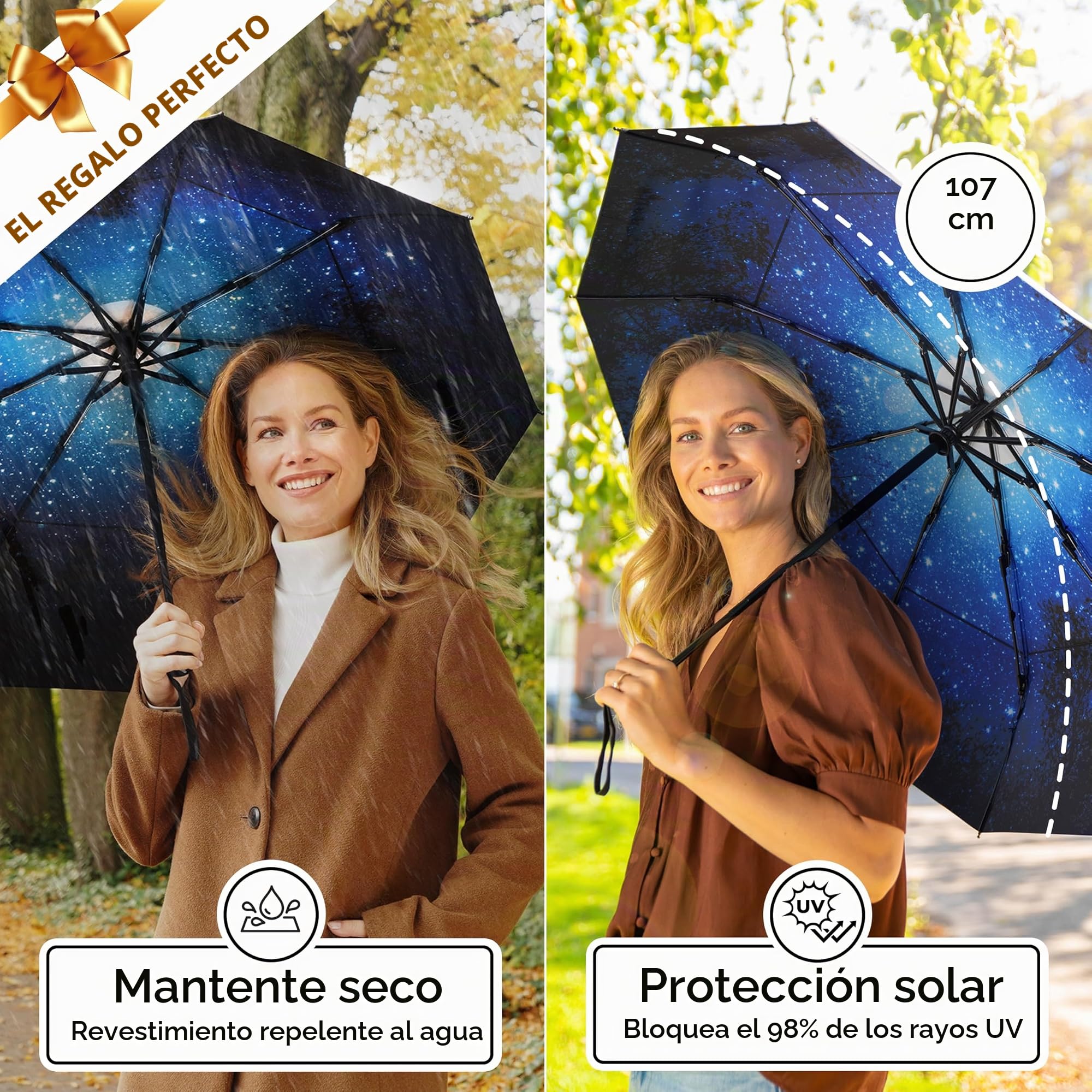 TUMELLA Paraguas de viaje compacto resistente al viento, pequeño paraguas fuerte pero ligero, portátil, plegable, apertura automática, agarre sólido, adecuado para coche y mochila, 42 pulgadas, Luz de